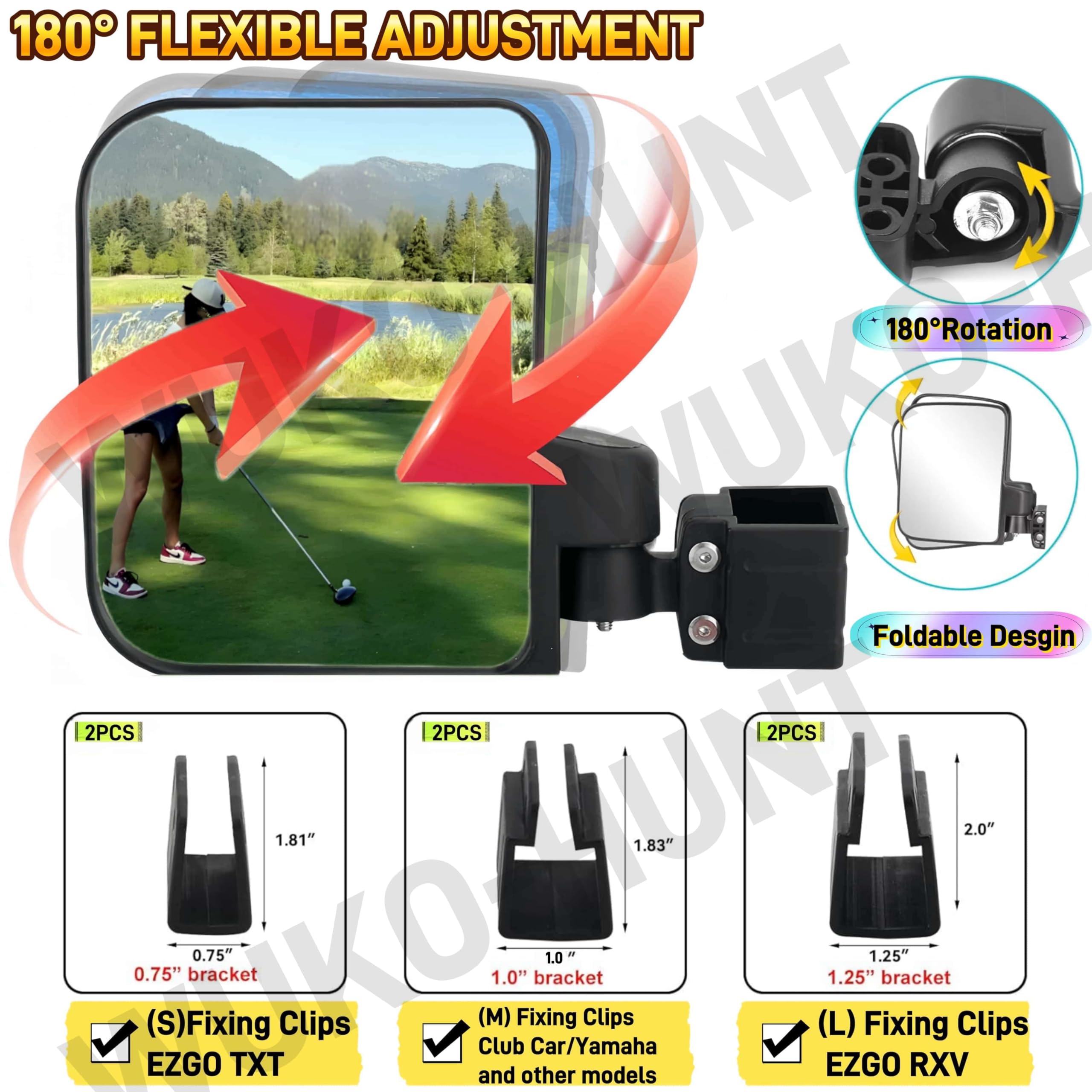 WUKO HUNT Golf Cart Mirrors (2025 Upgrade) - No Drill Side Mirrors for Club Car, EZGO & Yamaha Golf Carts - 180° Adjustable Folding Rear View Mirrors with Shatterproof HD Glass - Perfect for Golf Courses, Resorts & Gated Communities