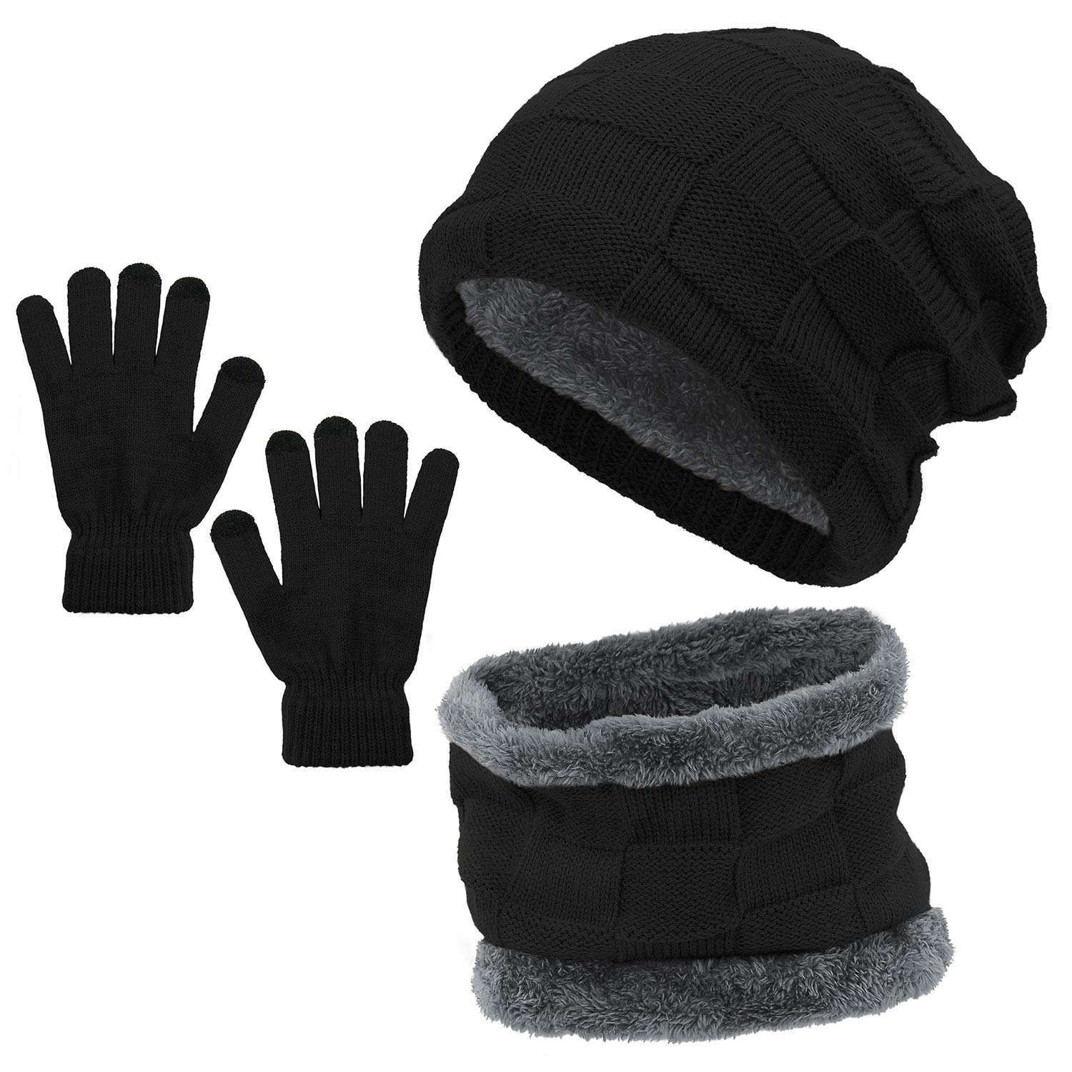 Zando Fleece Lined Beanie Hat & Neck Warmer Set with Touchscreen Gloves - Winter Warm Accessories for Men & Women - Perfect for Skiing, Snowboarding & Outdoor Activities