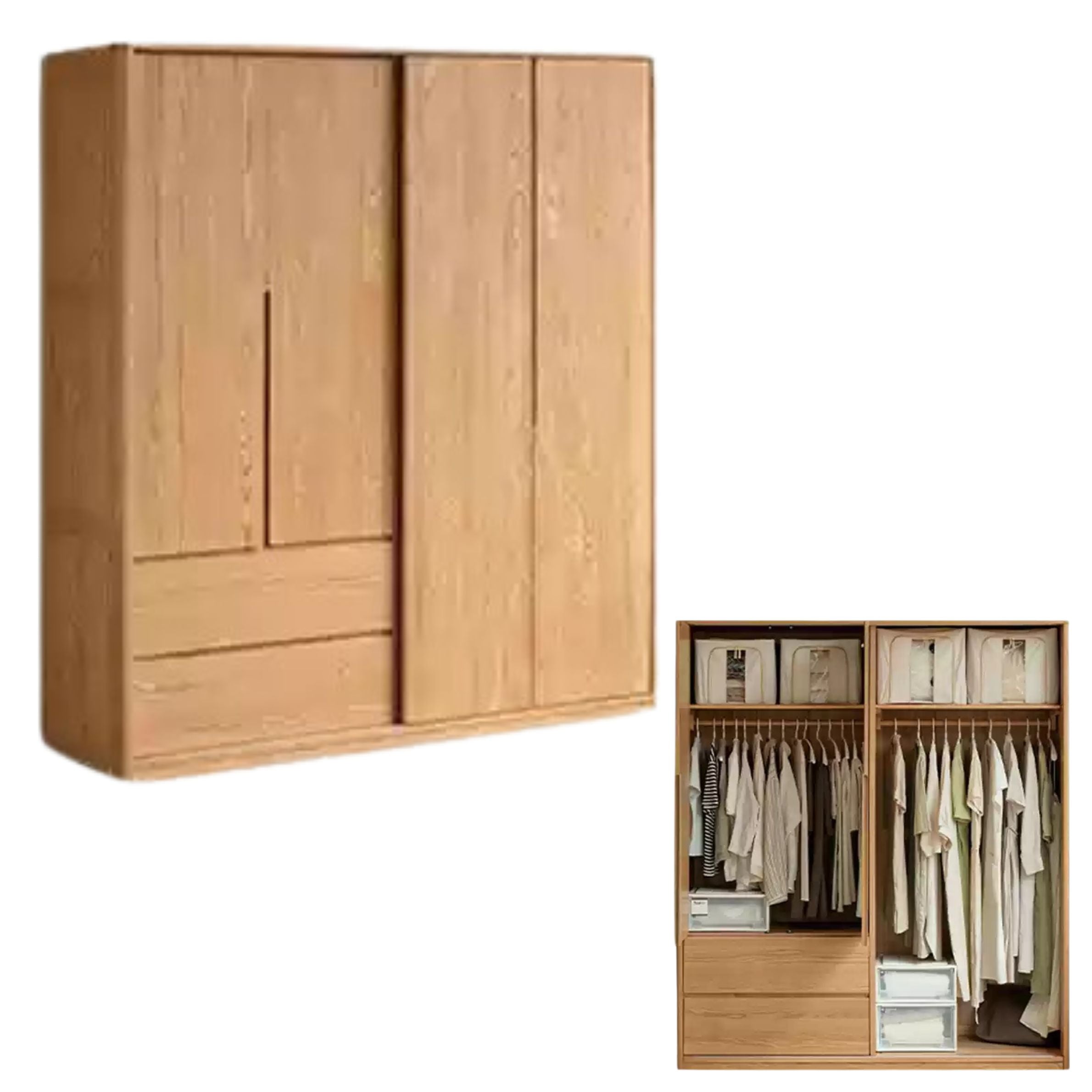 Solid Oak Wood Modern Wardrobe with Ample Storage - Perfect for Bedroom, Living Room, and Office Organization