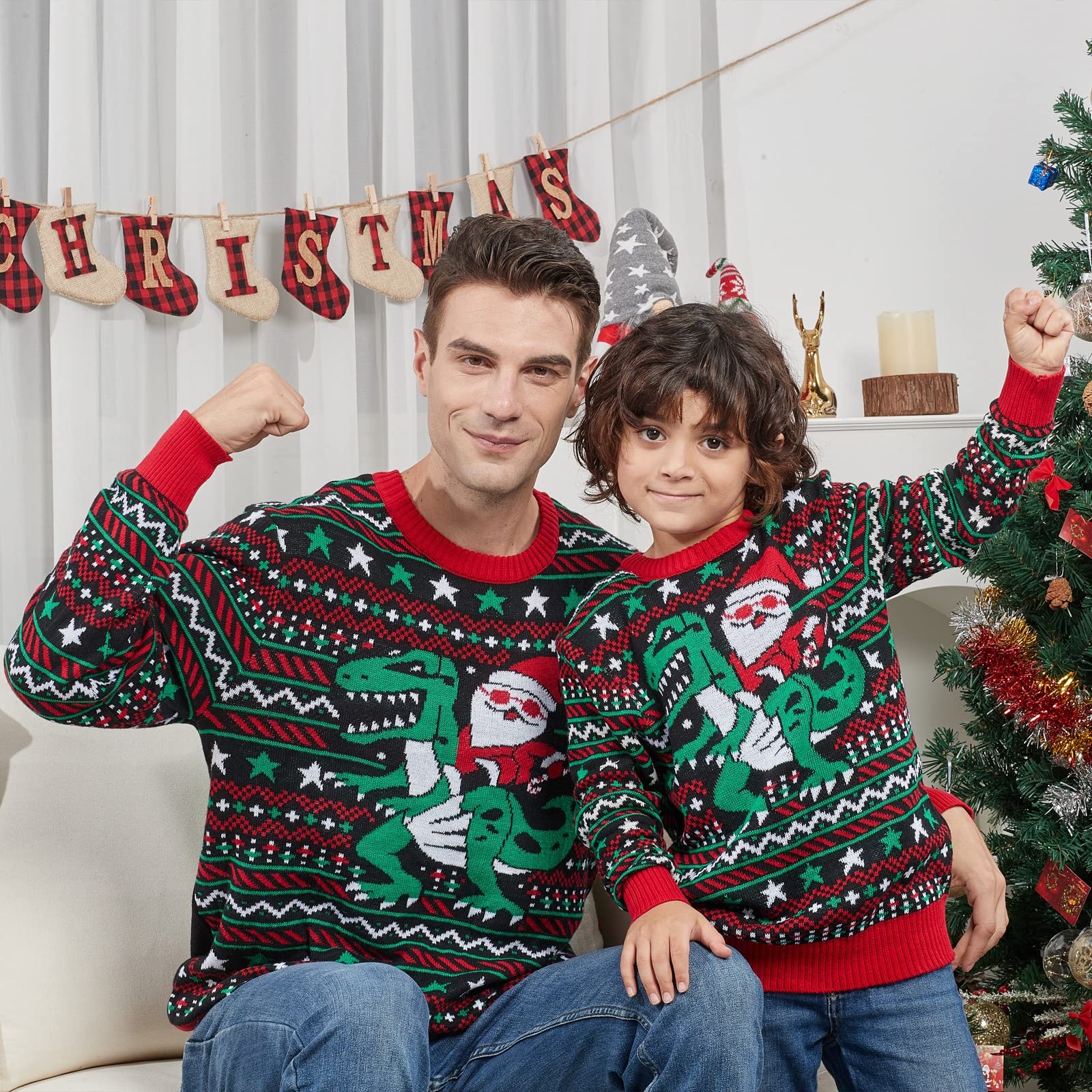Dinosaur Christmas Sweaters - Family Matching Holiday Party Outfits for Festive Fun