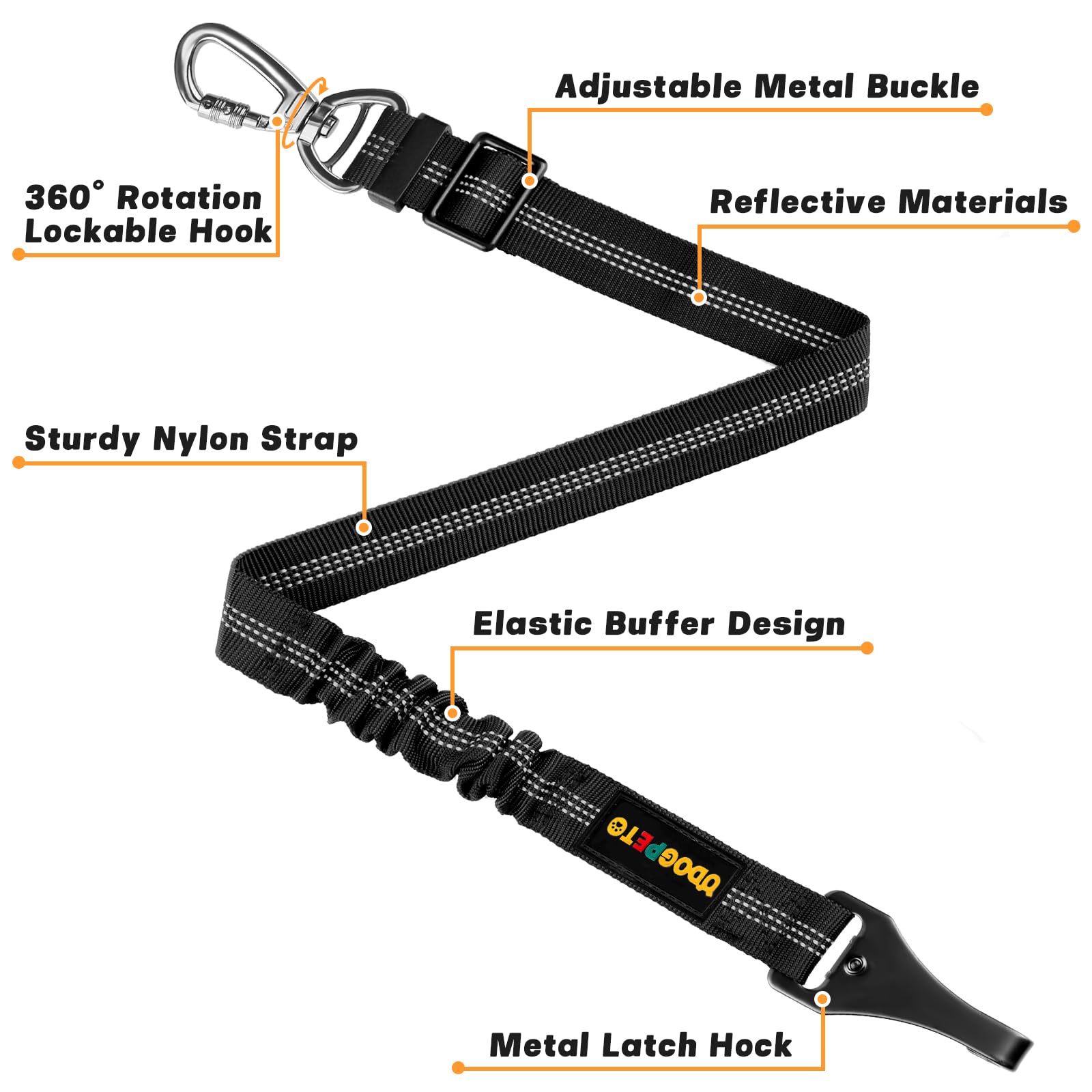 Adjustable 4-in-1 Reflective Dog Seat Belt for Car - Safety Harness with Hook, Buckle & Swivel Carabiner - Includes Vehicle Headrest Attachment & Poop Bag (Black) - Perfect for Road Trips, Vet Visits & Daily Car Rides with Your Pet