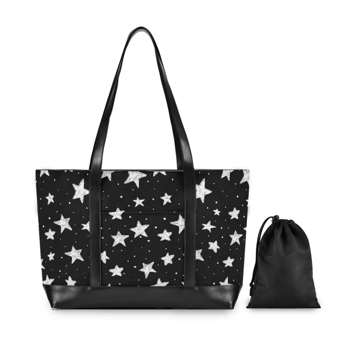 ALAZA Doodle Stars Black and White Laptop Tote Bag for Women - Lightweight Canvas Leather Shoulder Bag Fits 15.6 Inch Laptop - Perfect for Work, School, and Travel