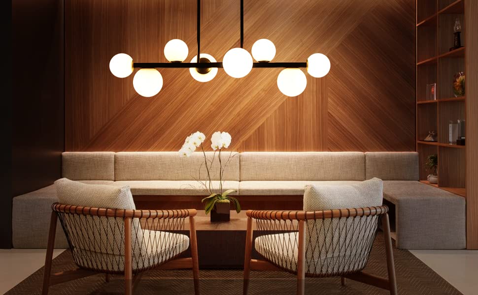 Jonsi Mid Century Modern 8-Light Globe Glass Linear Chandelier - Adjustable Black and Gold Ceiling Hanging Fixture for Dining Room, Kitchen Island, and Living Room Lighting