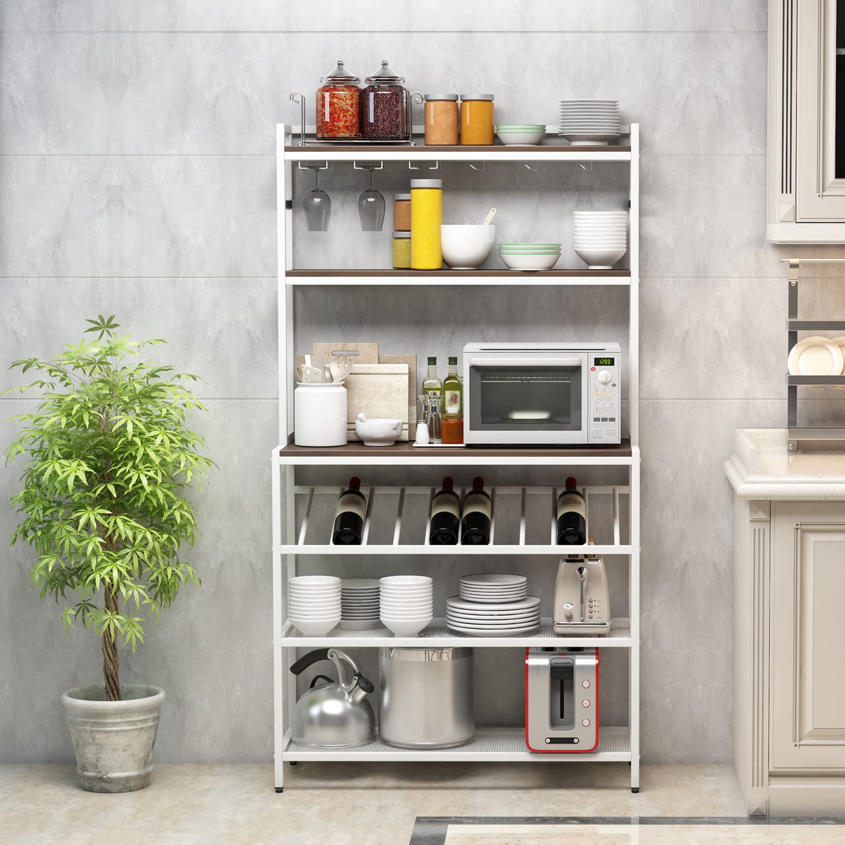Industrial Modern 6-Tier Baker Rack - Freestanding Bar Wine Rack Table with Glass & Cup Holders - Kitchen Microwave Stand with Hutch - Metal Book Shelf & Office Storage Organizer - Dark Brown 35.4