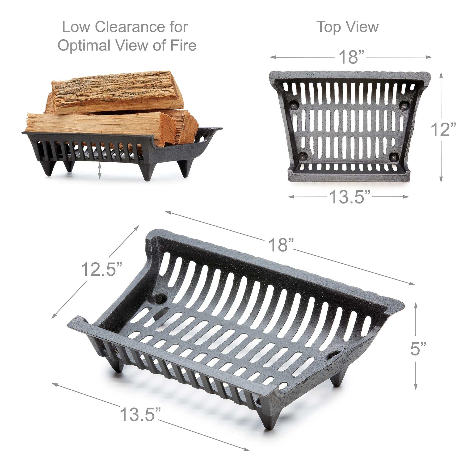 Uniflame 18 Inch Zero Clearance Cast Iron Fireplace Grate - Heavy Duty Fireplace Accessory for Wood Burning Stoves & Fireplaces - Perfect for Indoor/Outdoor Heating & Cozy Ambiance