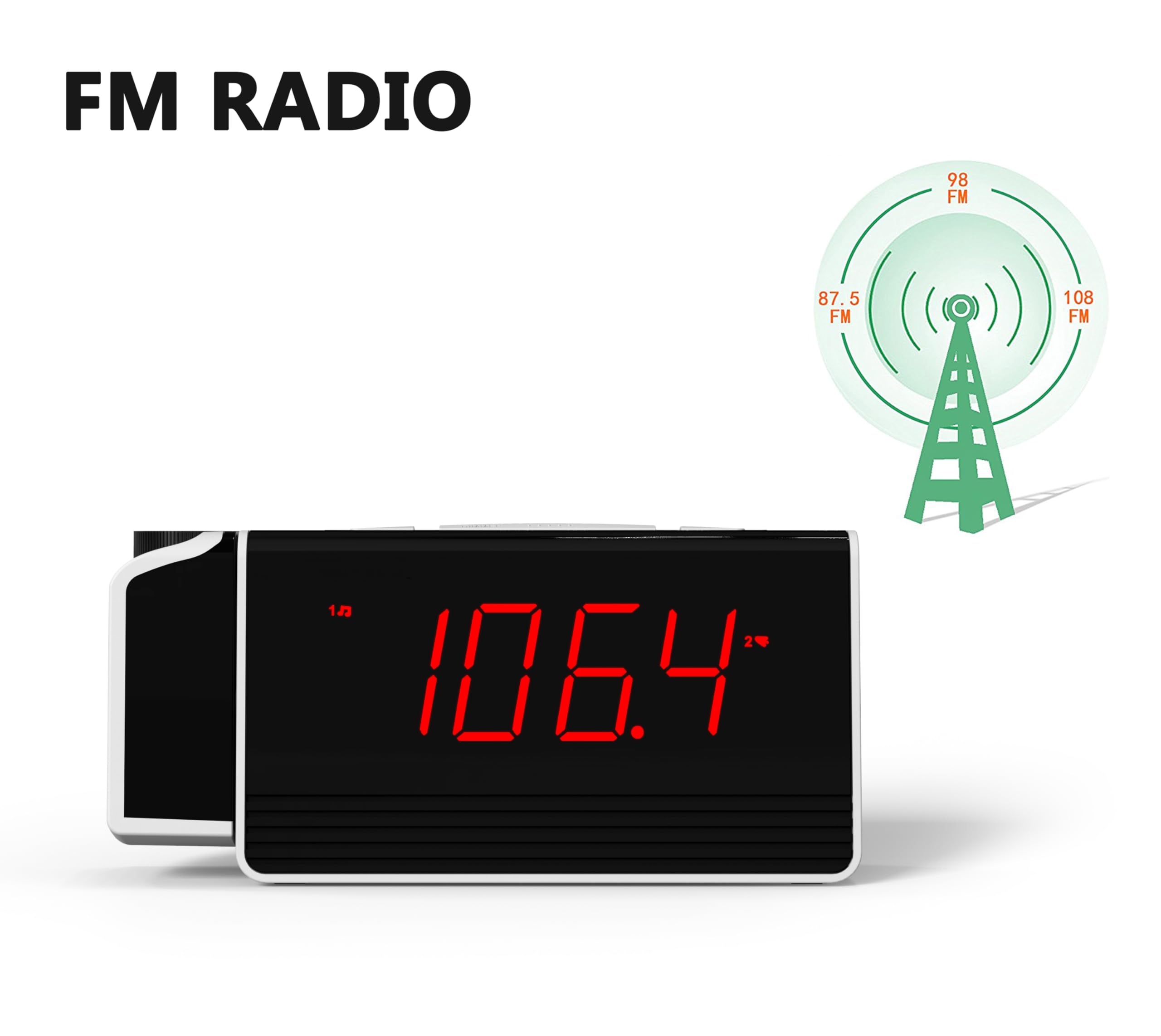 iTOMA 180° Rotatable Projection Alarm Clock with FM Radio, Red LED Display, 4-Level Brightness - Dual Alarm Clock with Snooze for Bedroom, Office, Kids Room | Perfect for Nighttime Reading, Wake-Up Light & Home Decor