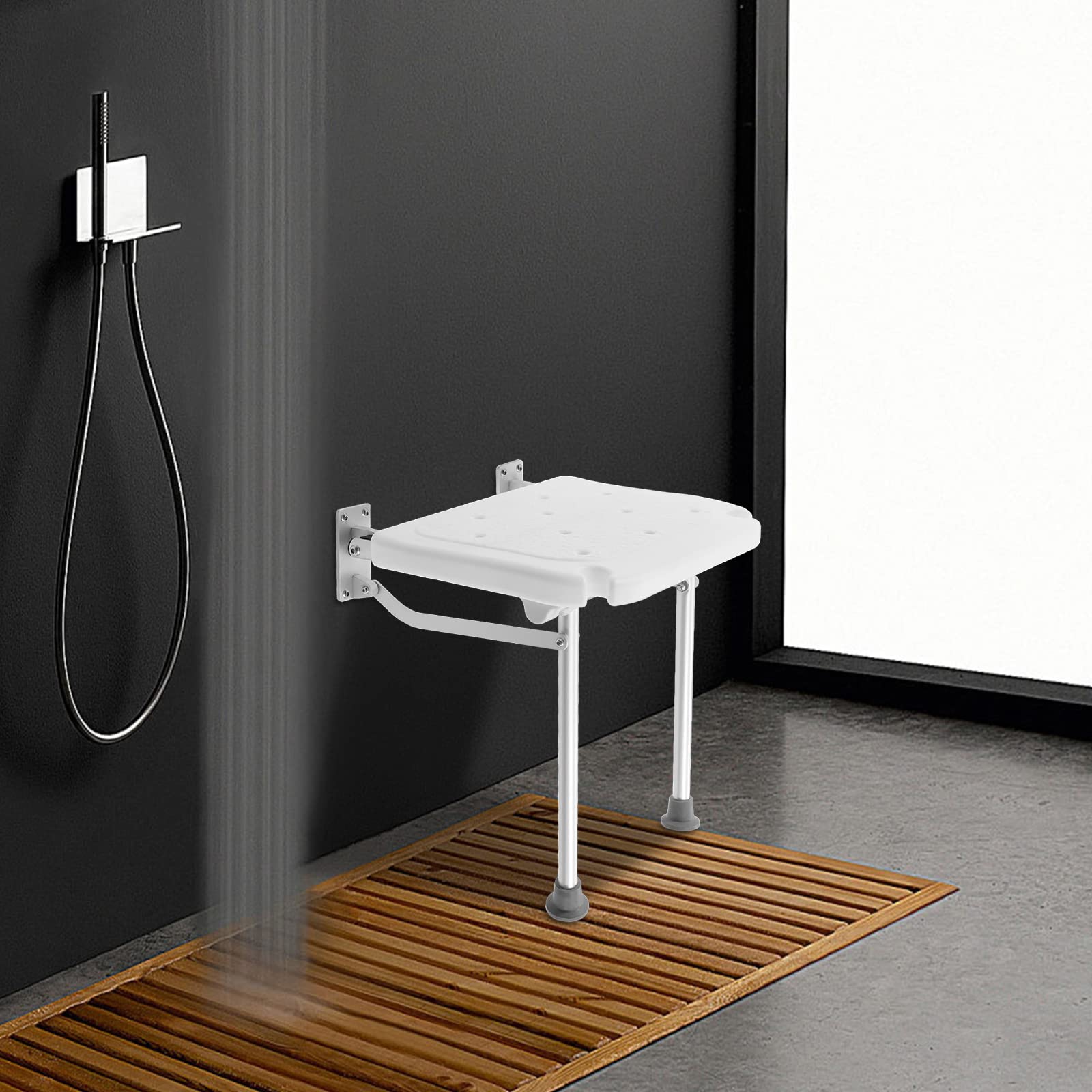 Foldable Wall-Mounted Steel Shower Stool with Non-Slip Rubber Feet - Adjustable Bath Seat for Elderly & Disabled - Perfect for Small Bathrooms, Assisted Living & Spa Relaxation