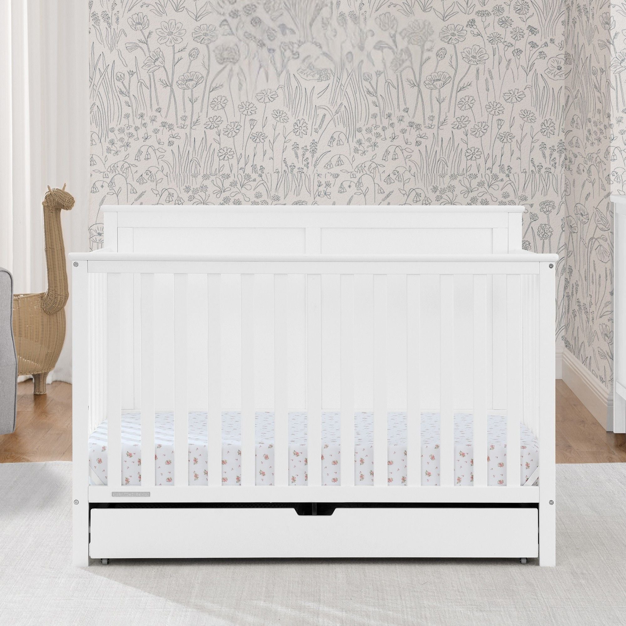Logan 6-in-1 Convertible Baby Crib with Underdrawer Storage - White Nursery Furniture for Newborn to Toddler Bed | Perfect for Small Spaces & Modern Nurseries