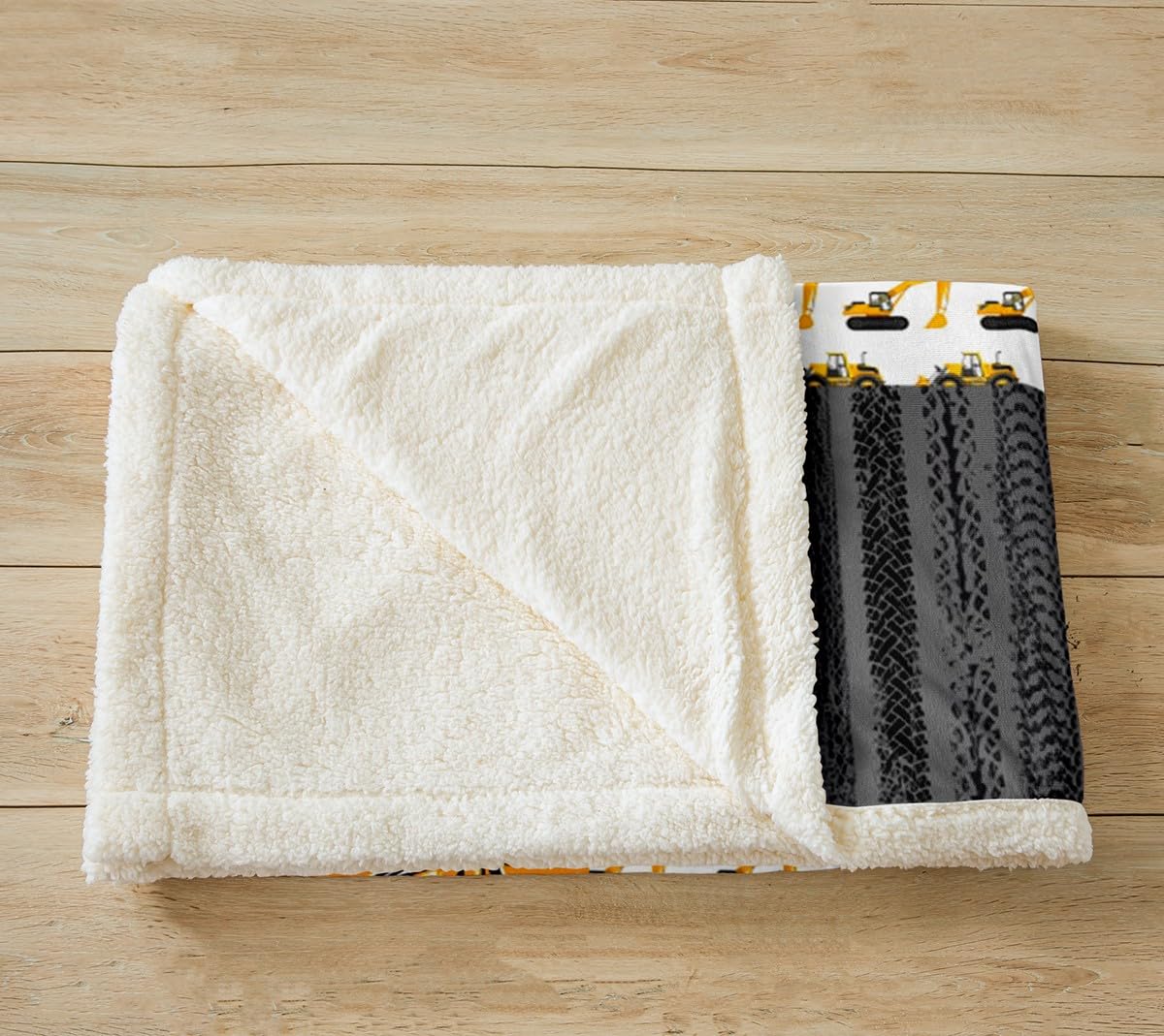 Kids Excavator Fleece Blanket - Cartoon Construction Truck Theme Sherpa Blanket for Boys & Teens, Grey Yellow White Striped Patchwork Bedding - Perfect for Bedroom Decor, Movie Nights & Camping