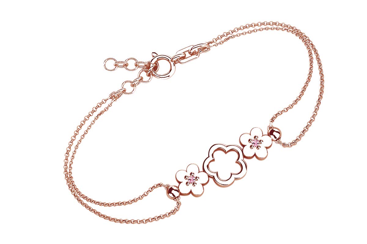 14K Rose Gold Over Sterling Silver Simulated Gemstone Three Flower Link Chain Bracelet for Women - Elegant Gift for Birthday, Anniversary & Special Occasions