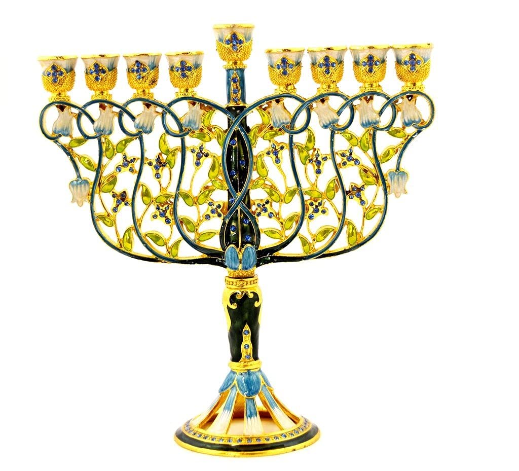 Blue Floral Chanukah Menorah with Austrian Crystals - Elegant Hanukkah Decor