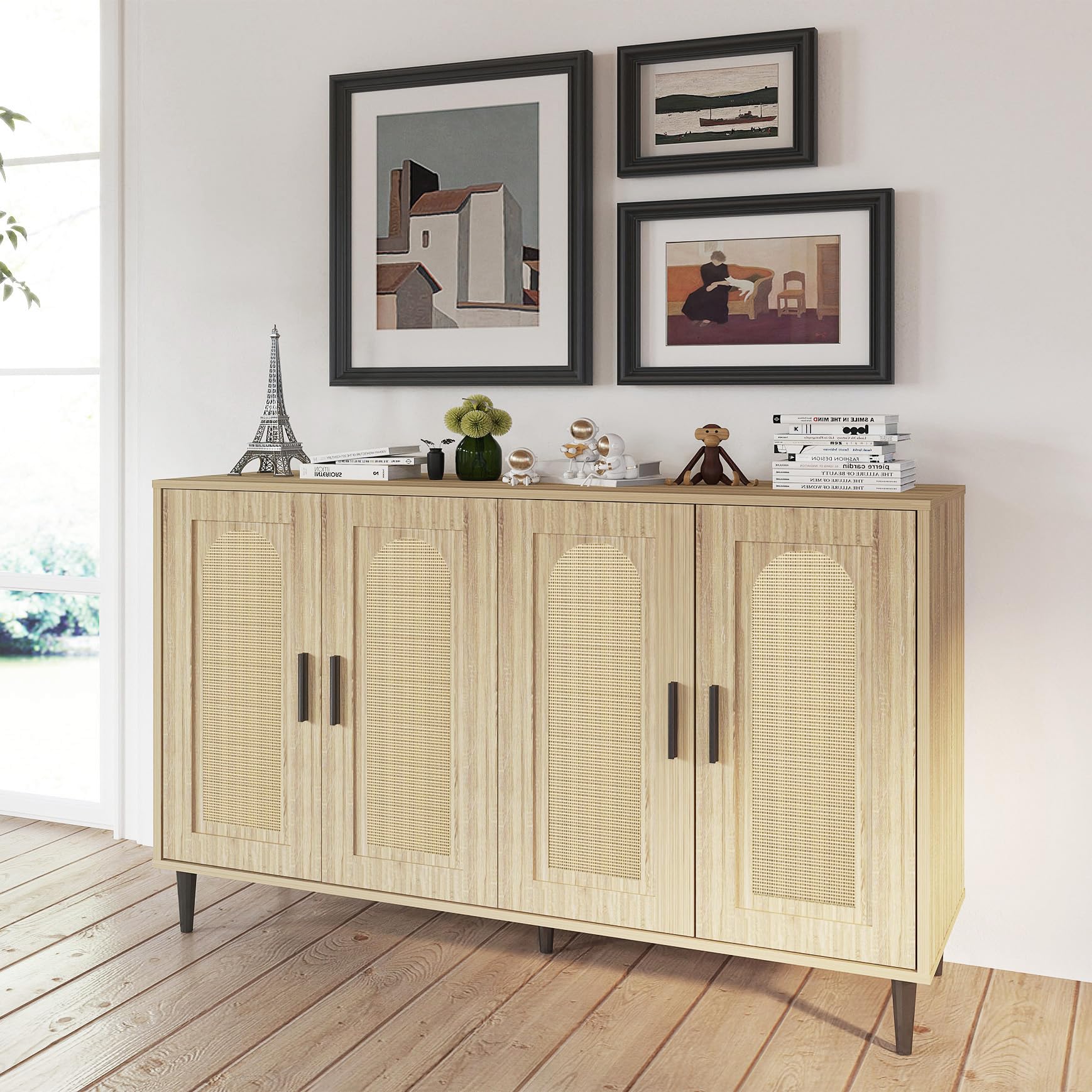 Rattan Buffet Cabinet with 4 Doors & Storage - Natural Wood Sideboard for Dining Room, Kitchen, Hallway | Accent Cabinet, Cupboard Console Table | Perfect for Entertaining, Storage & Home Decor