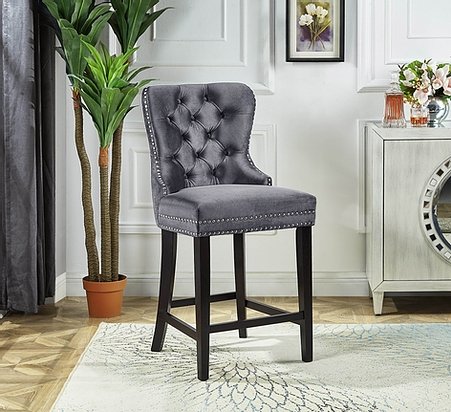 Luxury Grey Velvet Bar Stools Set of 2 - Soft Plush Cushioned Counter Height Stools for Kitchen Island, Breakfast Bar & Home Decor - Modern Comfortable Seating for Dining & Living Room