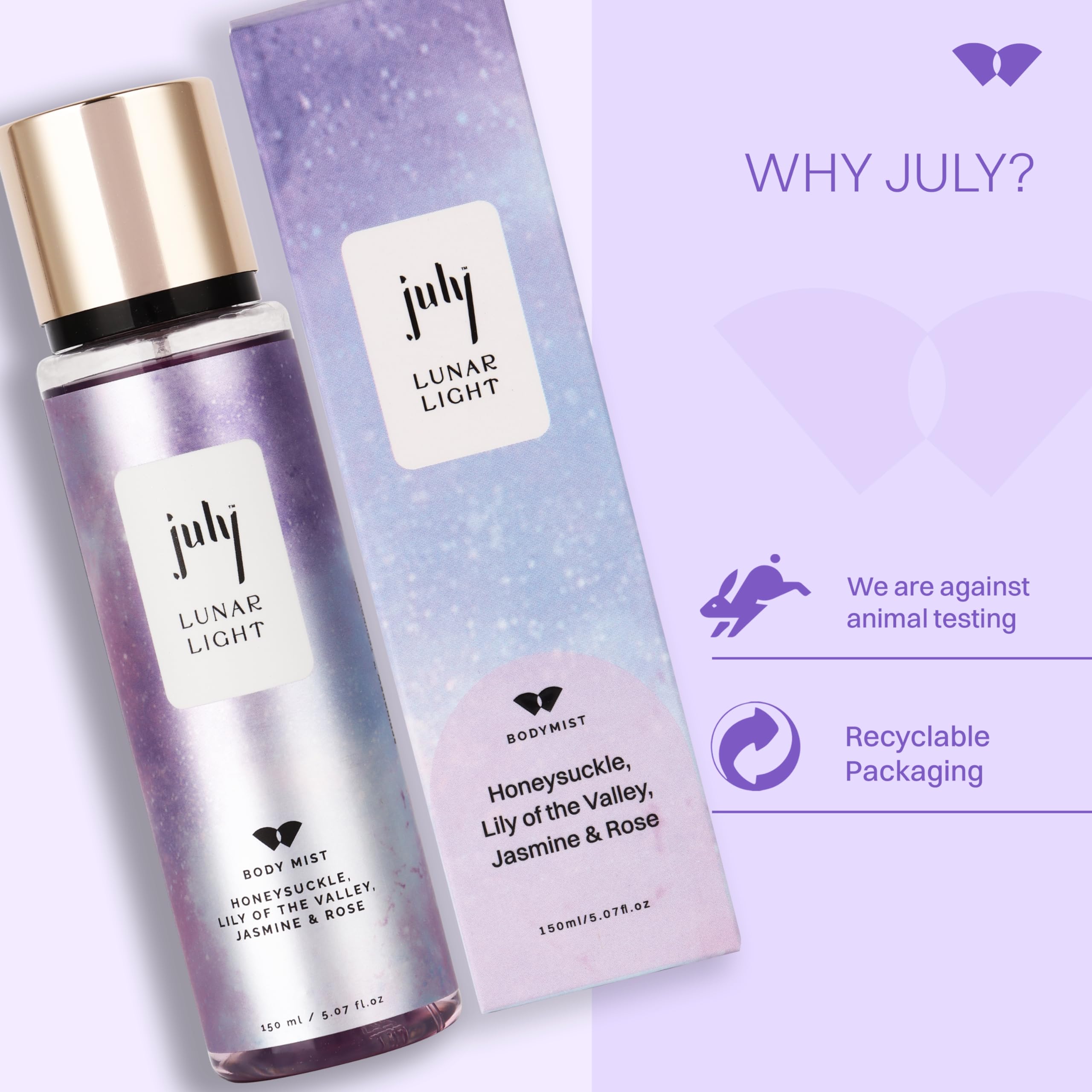 July Lunar Light Body Mist Spray - Sweet & Floral Fragrance with Honeysuckle, Lily of the Valley, Jasmine & Rose | 150ml Long-Lasting Perfume Mist | Natural Ingredients & IFRA Certified | Perfect for Daily Wear, Date Nights & Special Occasions