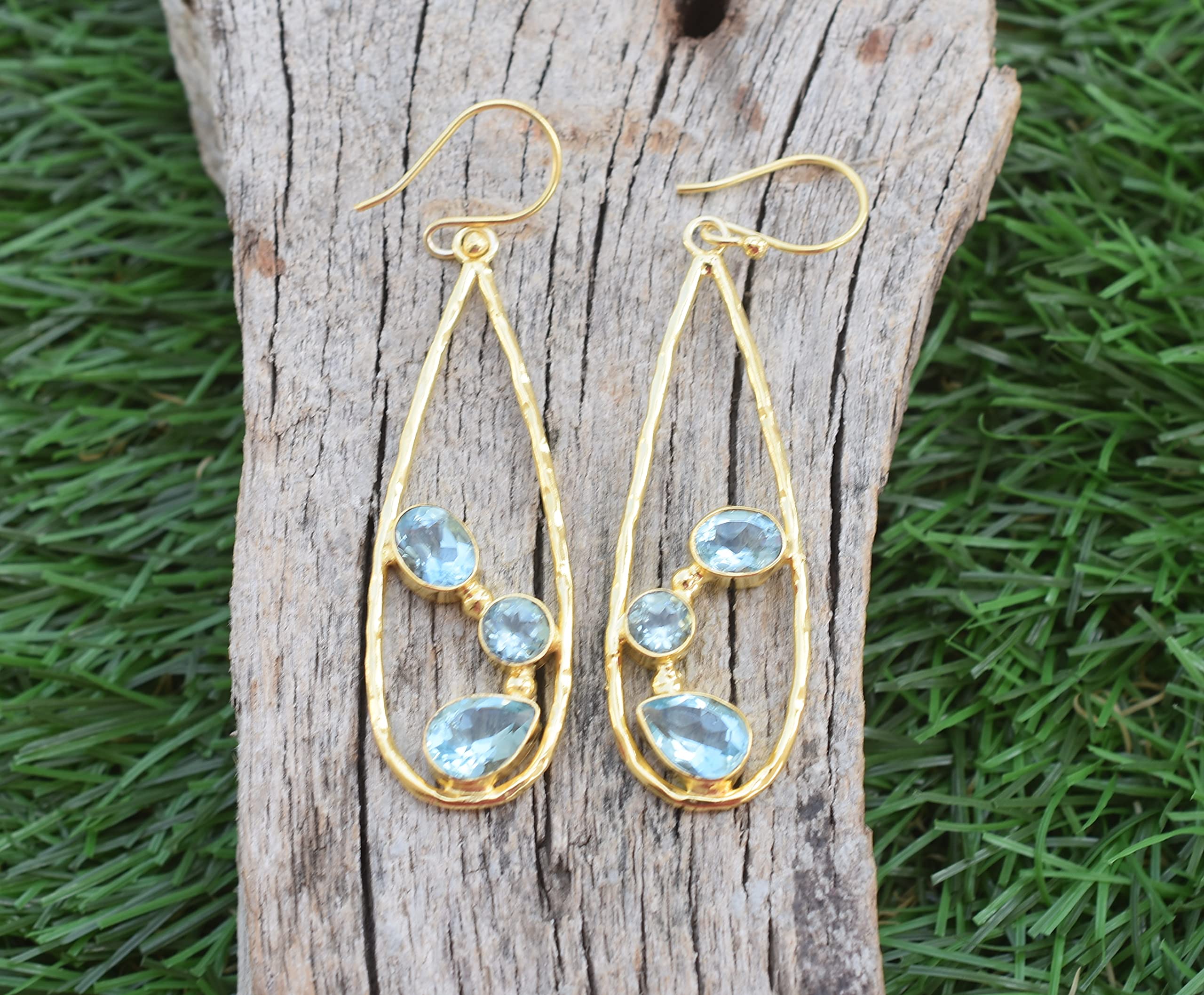 18K Gold Plated Blue Topaz Earrings for Women - November Birthstone Jewelry, Fashion Gemstone Gift for Birthday & Anniversary | VE-230 | Perfect for Parties, Weddings & Everyday Wear