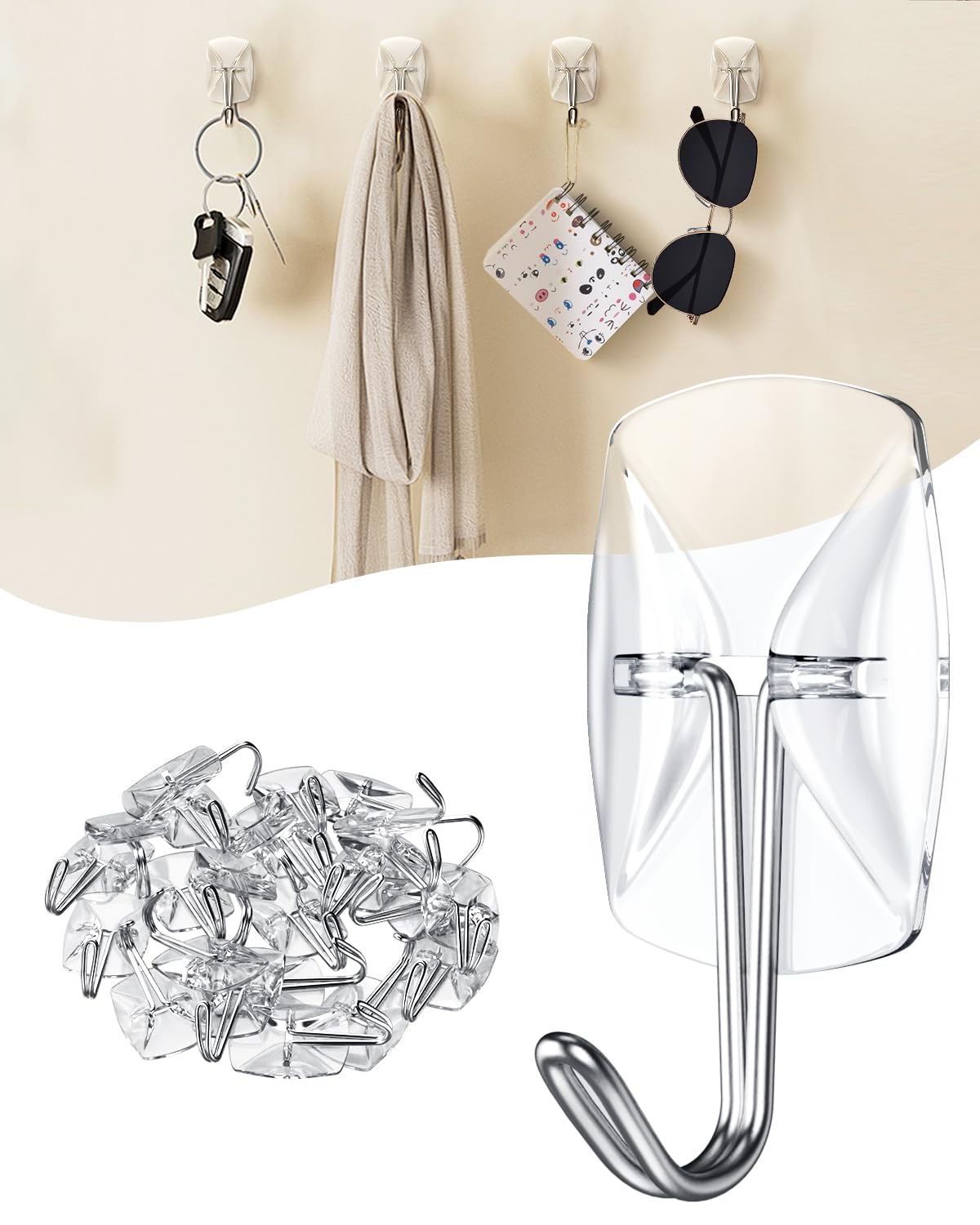 20 Pack Clear Adhesive Wall Hooks - No Damage Waterproof Sticky Hanging Hooks for Keys, Decor & Organization | Perfect for Dorm, Kitchen, Home Office & Christmas Decorations