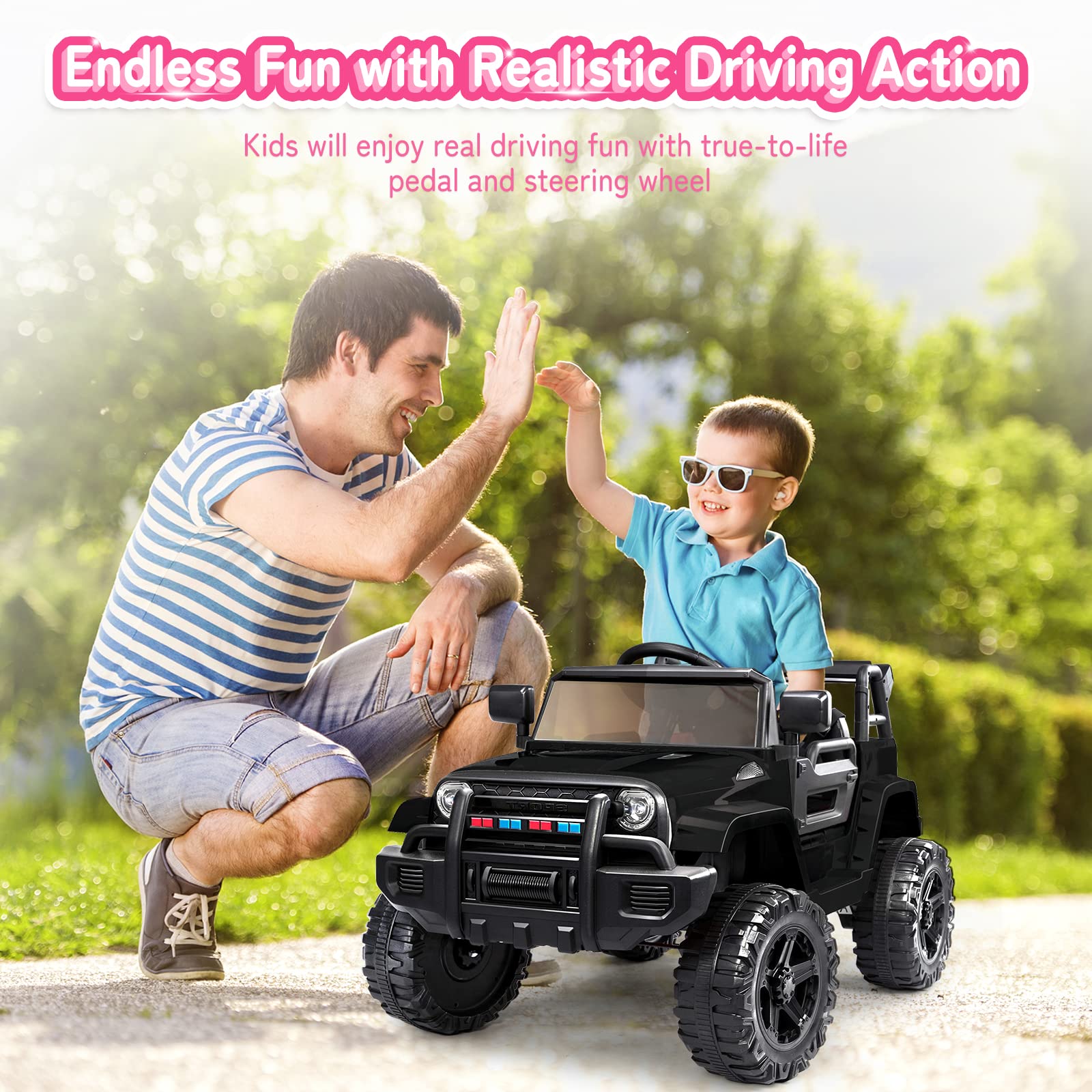 JOYMOR 12V Battery Powered Ride On Truck with Remote Control - 4 Wheels Kids Car with LED Headlights, Horn Button, MP3 Player & USB Port - Forward/Backward Function - Perfect Gift for Boys & Girls (Black) - Ideal for Indoor Play, Outdoor Driveways & Birthday Parties