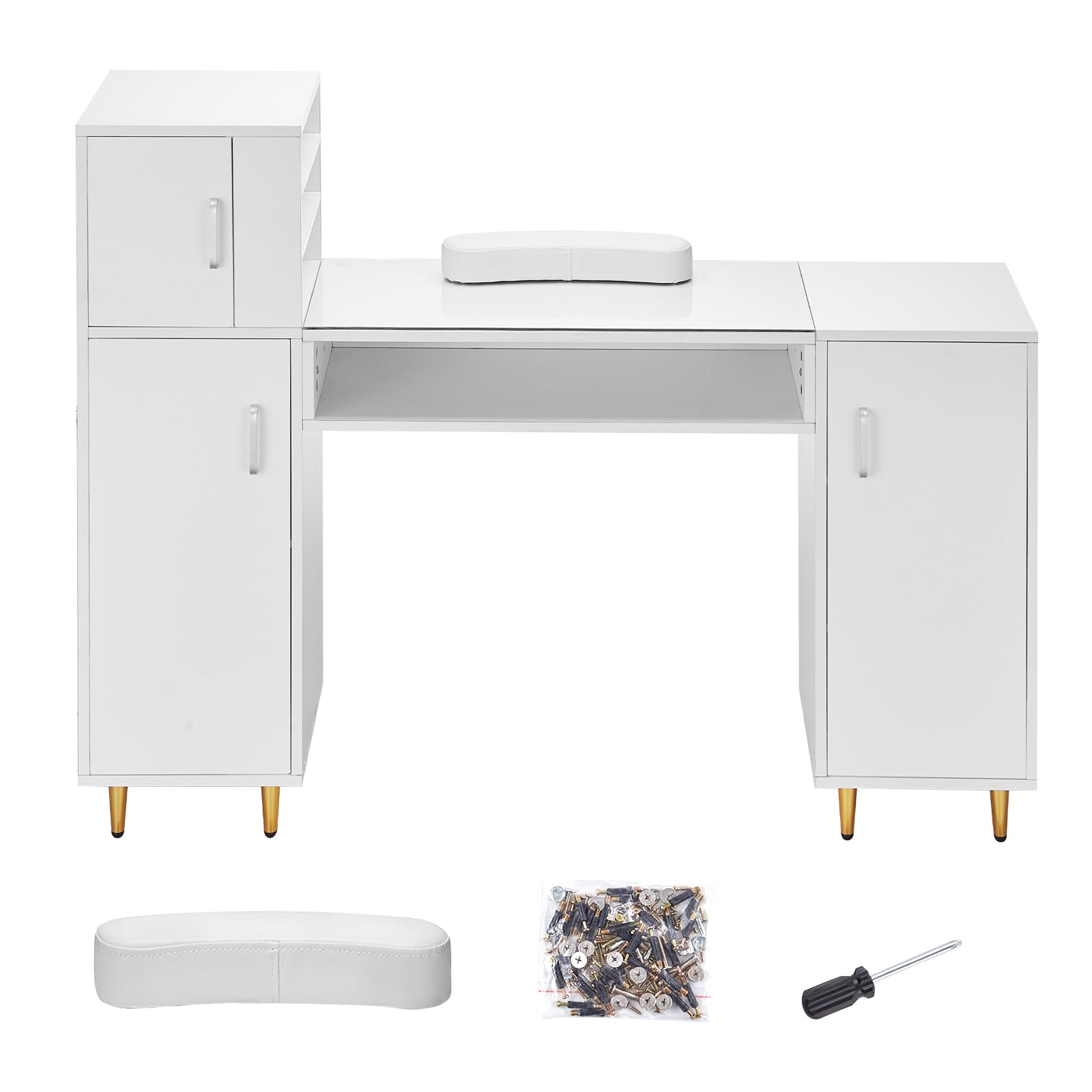 VEVOR Professional Manicure Table with Glass Top & Storage Cabinets - Acetone-Resistant Nail Tech Desk for Salon & Spa - Includes Wrist Rest & 8 Metal Legs (White) - Perfect for Nail Artists, Beauty Technicians & Home Salon Setup