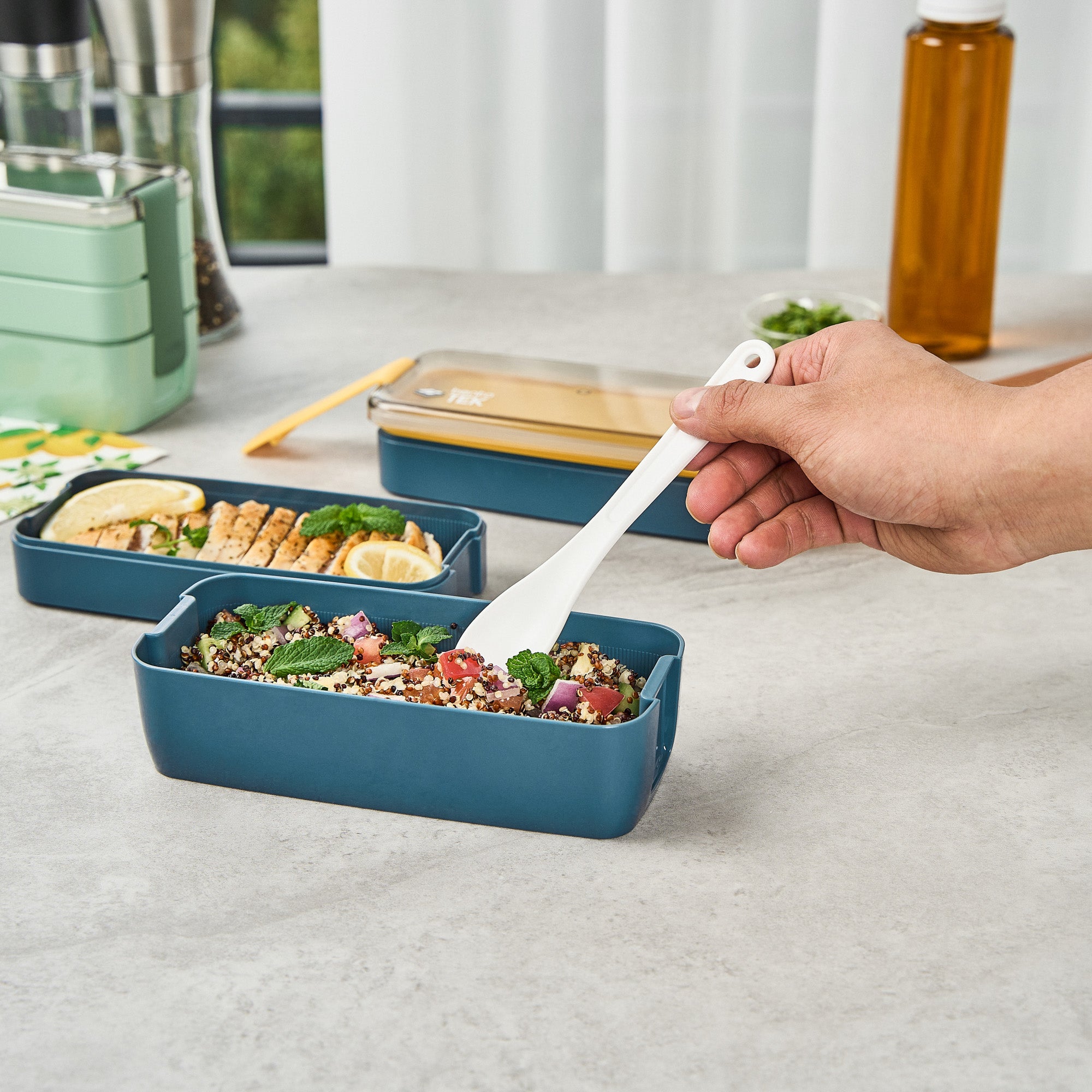 Bento Tek 30 oz 3-in-1 Lunch Box Set - BPA Free, Microwave Safe, Leak Proof with Fork & Knife - Blue & Yellow (7.5