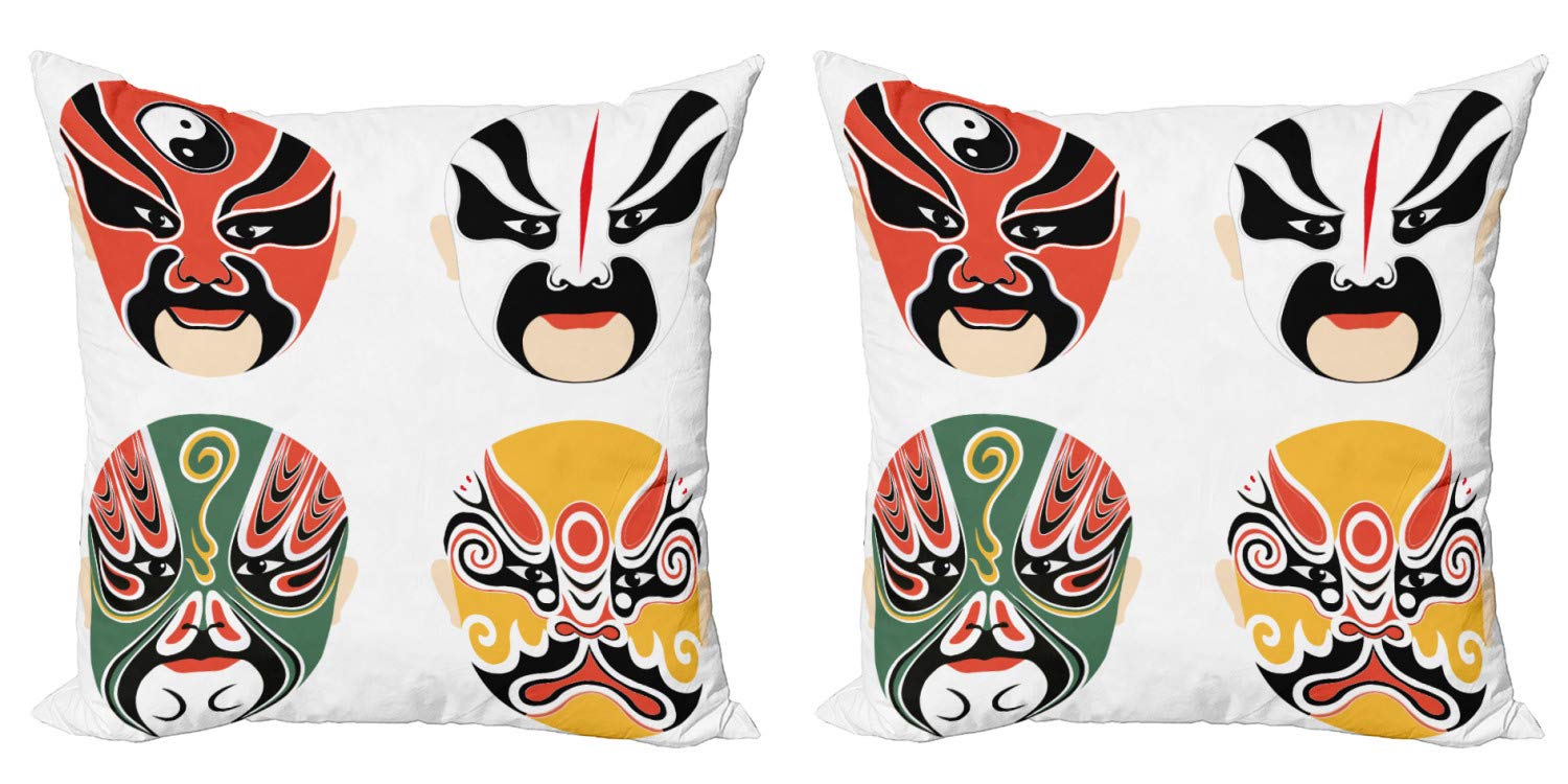 Ambesonne Kabuki Decorative Throw Pillow Cover Set of 2, Japanese Cultural Drama Costume Design with Oriental Mystic Patterns, 24 Inch Square Cushion Cover for Sofa, Bed, Living Room - Multicolor - Perfect for Home Decor, Anime Themed Rooms & Asian Inspired Interiors