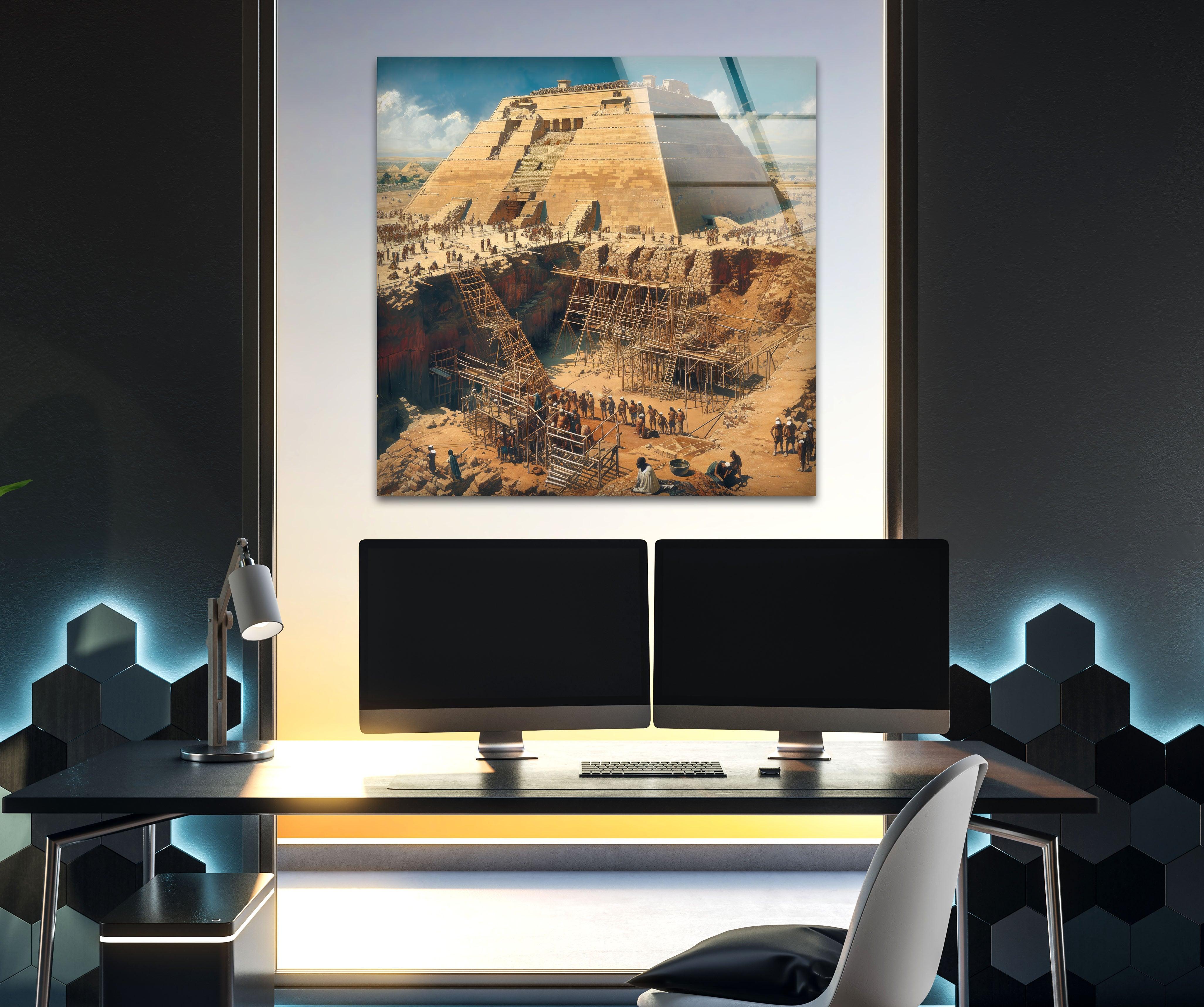 Ancient Pyramid Construction Glass Wall Art - Handmade Egyptian History Decor for Home & Office - Perfect for Living Room, Bedroom, or Office Wall Decor