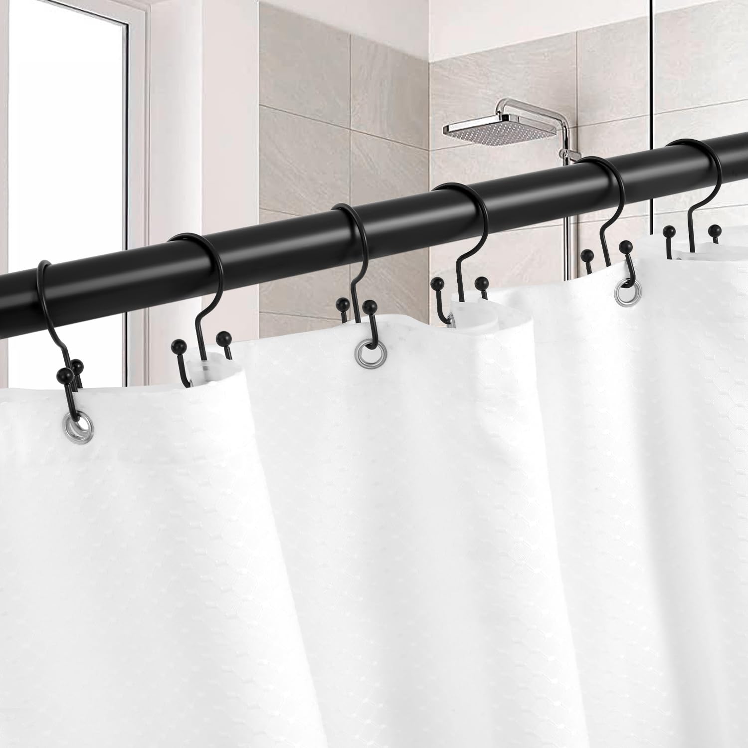 24 Pack Stainless Steel Shower Curtain Hooks - Rustproof Double Sided Rings for Bathroom Curtain Rods - Smooth Gliding Matte Black Hangers (Perfect for Home, Hotel & Apartment Bathroom Decor)