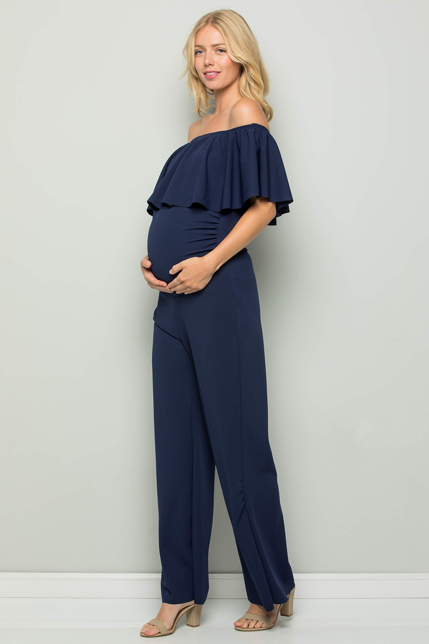 My Bump Maternity Ruffle Off Shoulder Jumpsuit - Made in USA | Comfortable Pregnancy Outfit for Baby Shower, Maternity Photos & Special Occasions