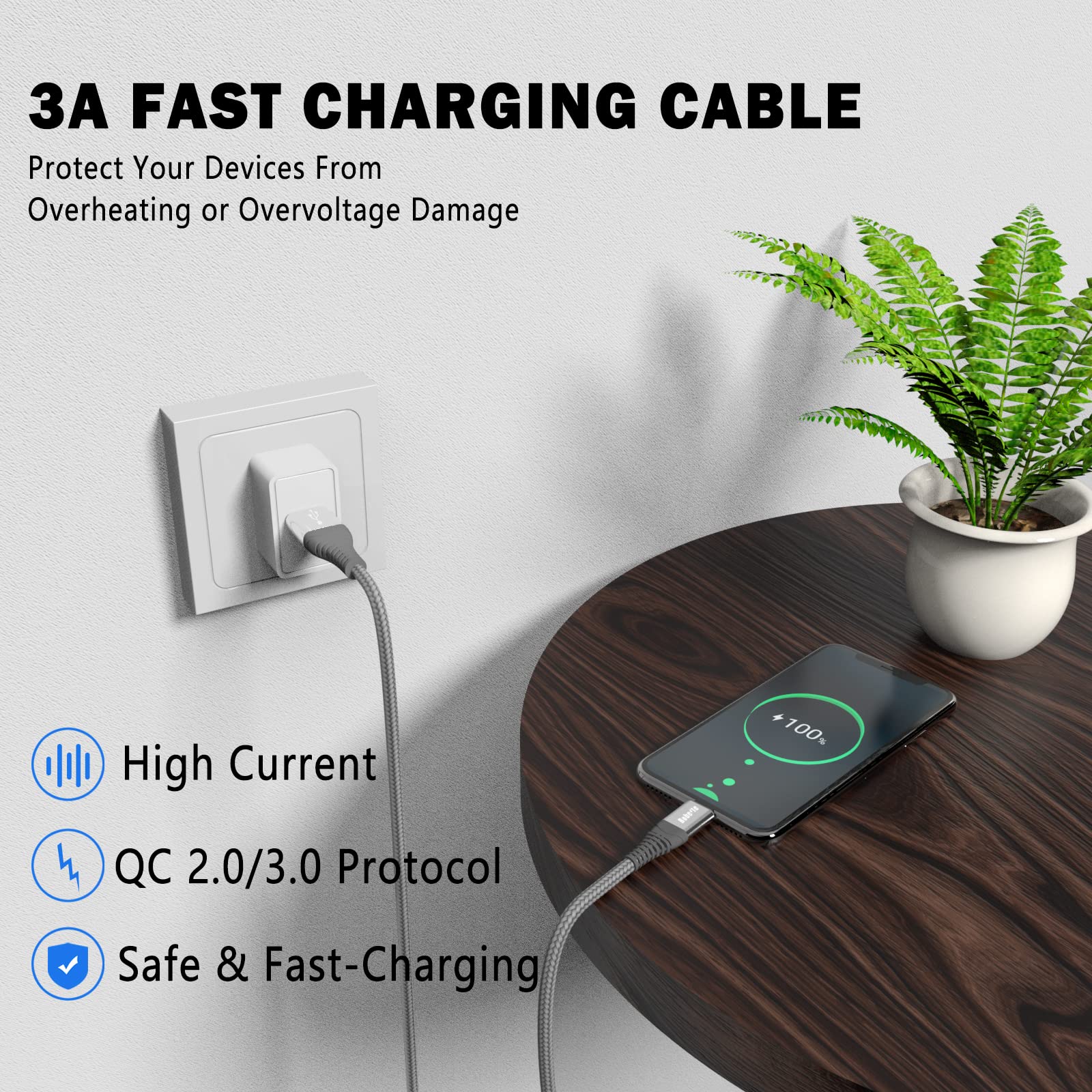 Fast Charging USB C Cable 1M/2M - 3A Nylon Braided Type C Charger for Samsung Galaxy S21/S20/S10/Note 10/9/8, HTC 10/U12+, LG G5/G6 - Perfect for Home, Office & Travel Charging