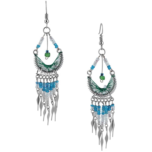 Stainless Steel Peruvian Light Green Silk Thread Beaded Dangle Earrings - Handmade Boho Jewelry for Women, Party & Wedding Accessories