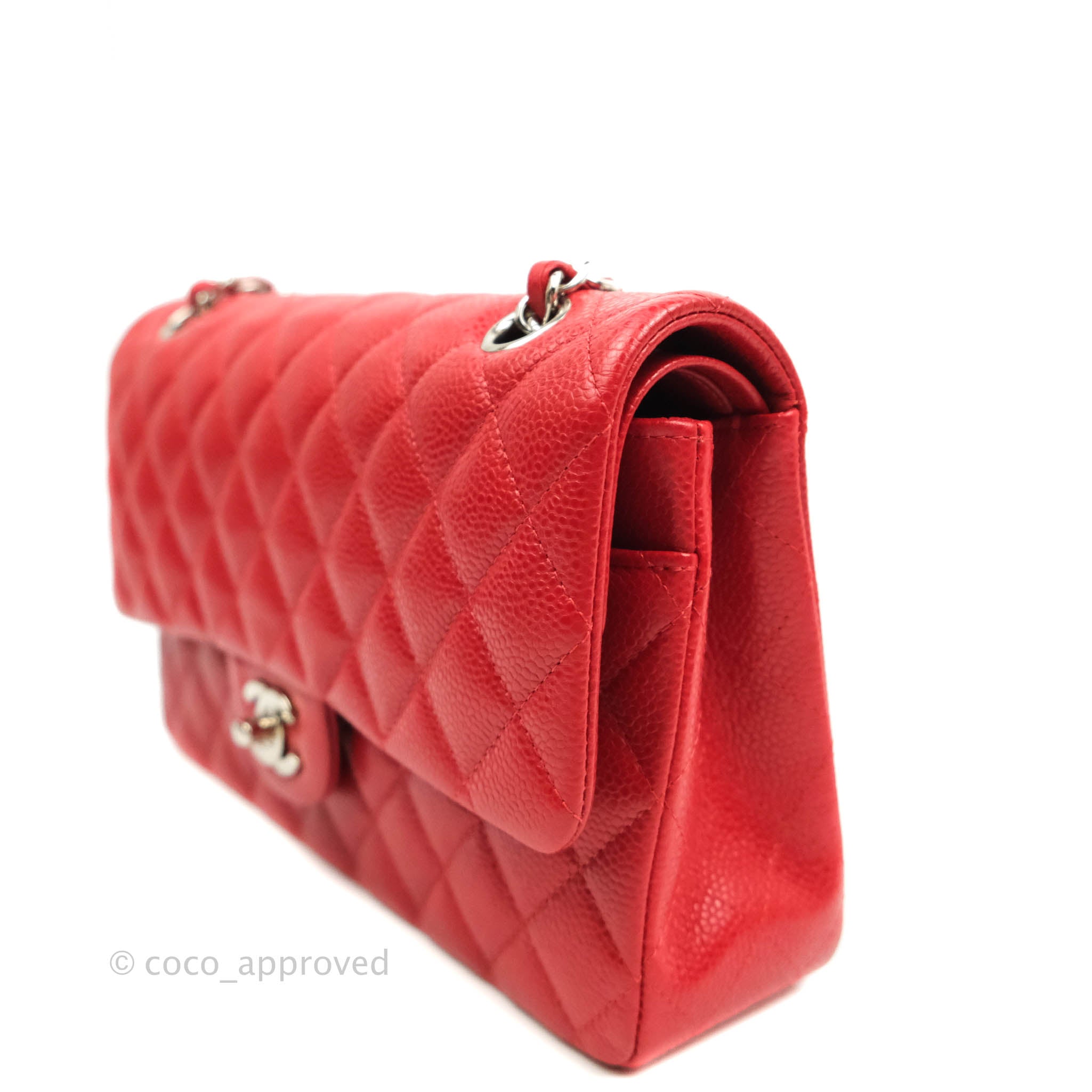 Chanel Classic Medium Double Flap Bag in Red Caviar Leather with Silver Hardware - Perfect for Work, Evening Events & Luxury Gift Giving