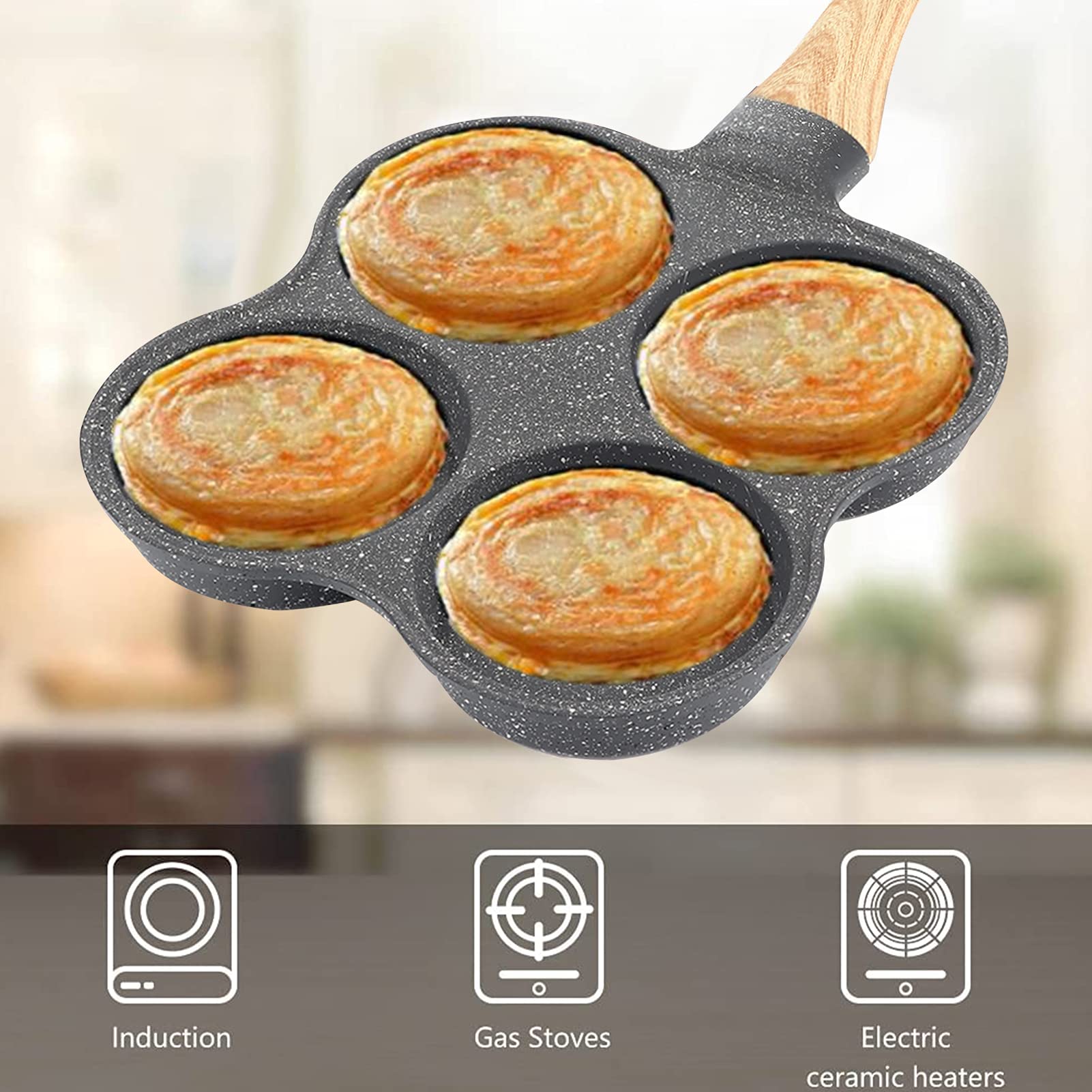 4-Hole Non-Stick Egg Frying Pan - Stone Coated 4-Cup Breakfast Cooker for Eggs, Pancakes & Burgers | Compatible with All Stovetops (Gas, Electric, Induction) | Perfect for Quick Breakfasts, Sandwiches & Family Cooking