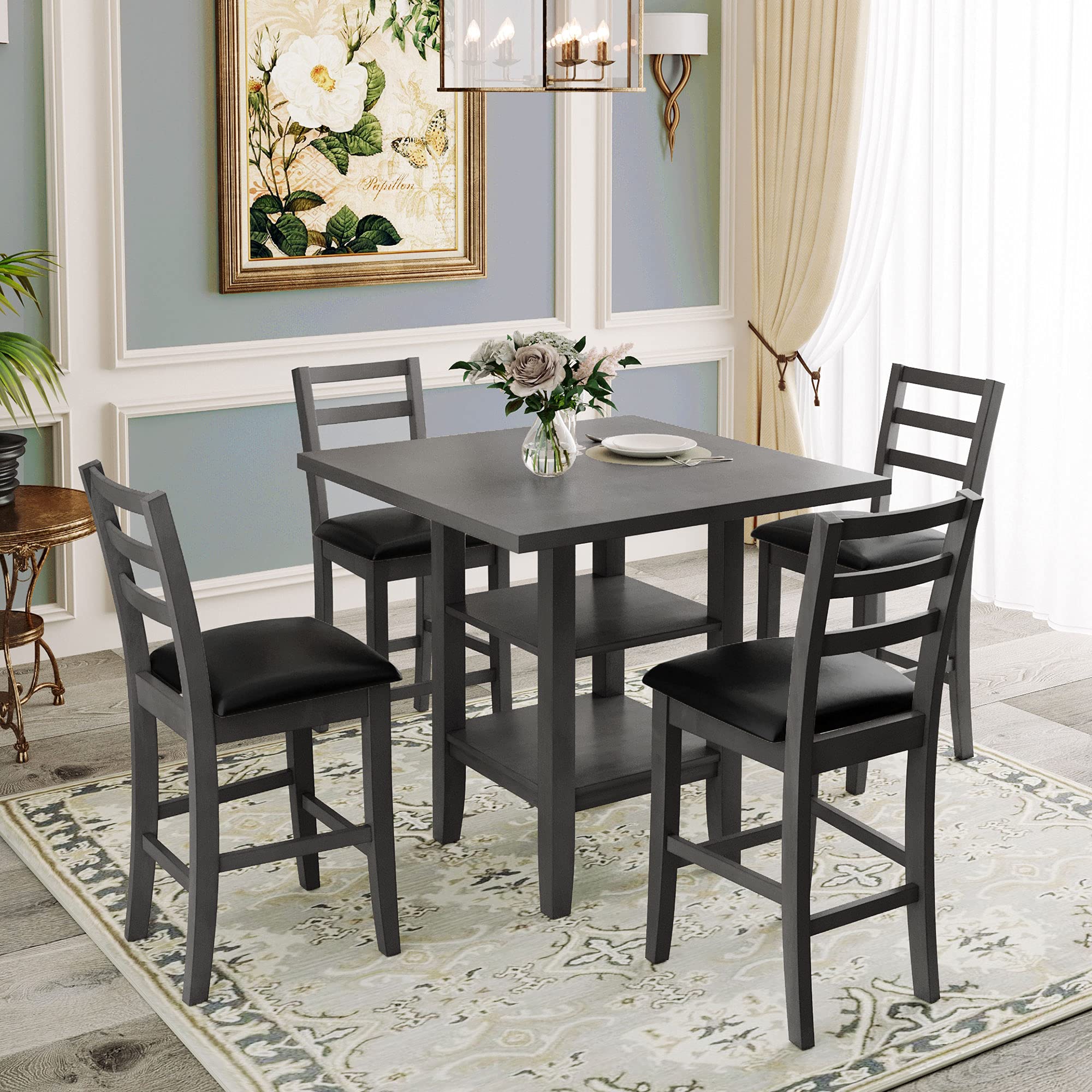 5-Piece Wooden Counter Height Dining Set with Square Table & 2-Tier Storage - 4 Padded Chairs for Kitchen, Dining Room & Small Spaces (Type A-Grey) | Perfect for Breakfast Nooks, Apartments & Compact Homes