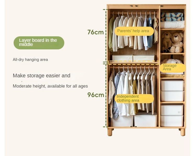 Solid Oak Wood Kids Wardrobe - Durable & Stylish Storage for Bedroom, Nursery, or Playroom Organization