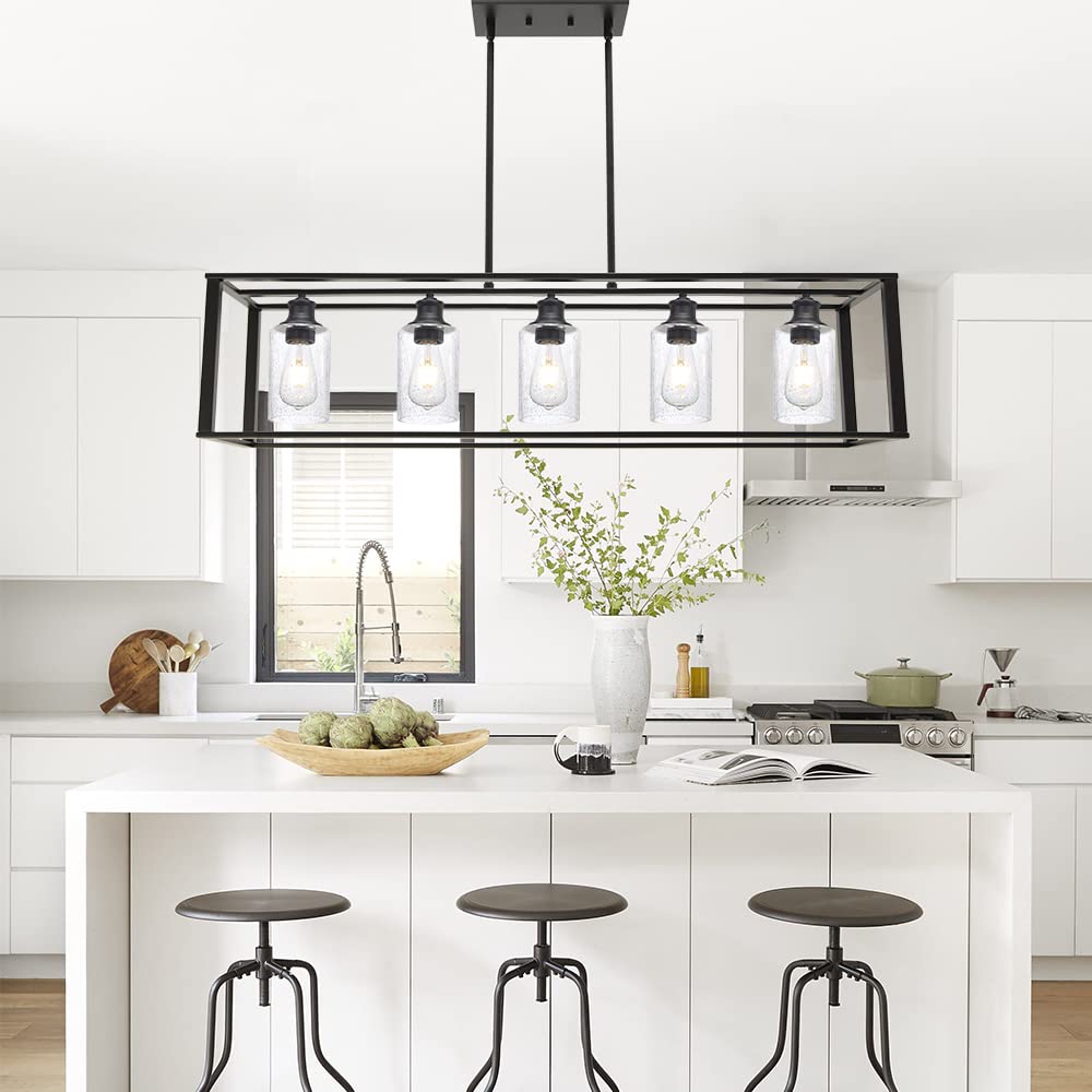 5-Lights Modern Linear Chandelier - Black Industrial Kitchen Island Lighting with Seeded Glass for Dining Room, Farmhouse Ceiling Pendant Lights Over Table | Perfect for Kitchen Islands, Dining Areas, and Open Concept Spaces