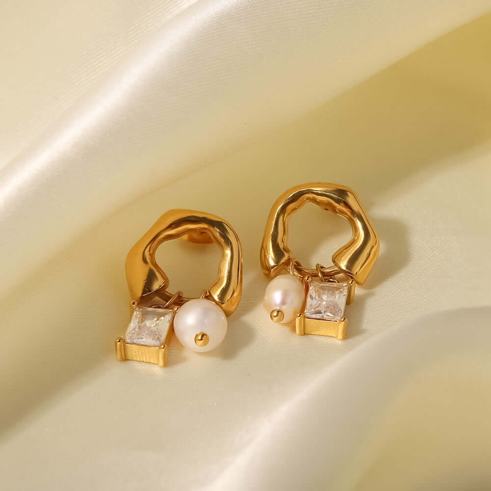18K Gold Pearl Baguette Huggie Hoop Earrings for Women | Elegant Dainty Pearl Stud Earrings | Perfect for Weddings, Parties & Everyday Wear (JDE251)