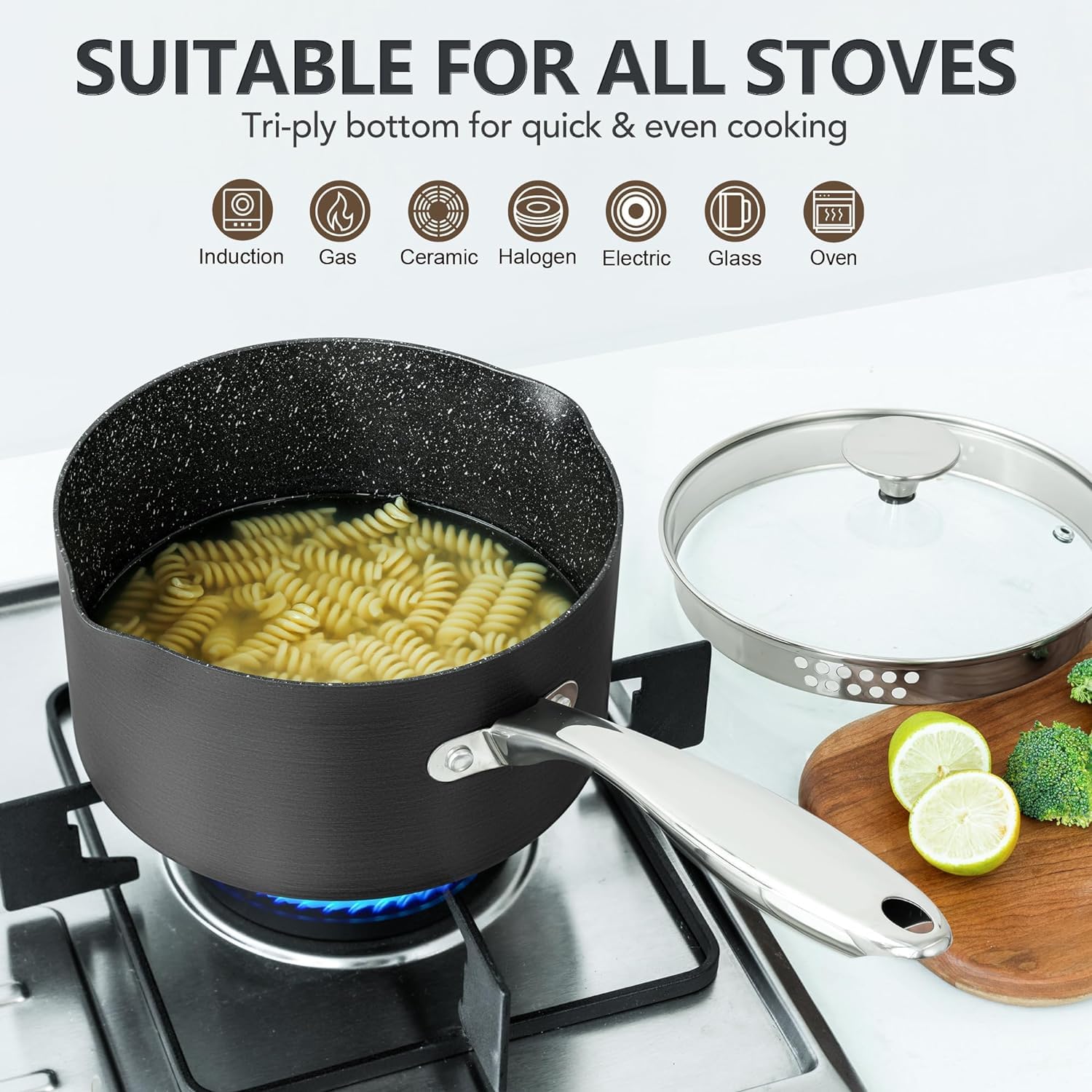 MICHELANGELO 3 Quart Nonstick Saucepan with Strainer Lid - Hard Anodized Aluminum Cooking Pot with Pour Spouts & Granite Coating - Perfect for Sauces, Soups, Pasta & Everyday Cooking (3 Qt)