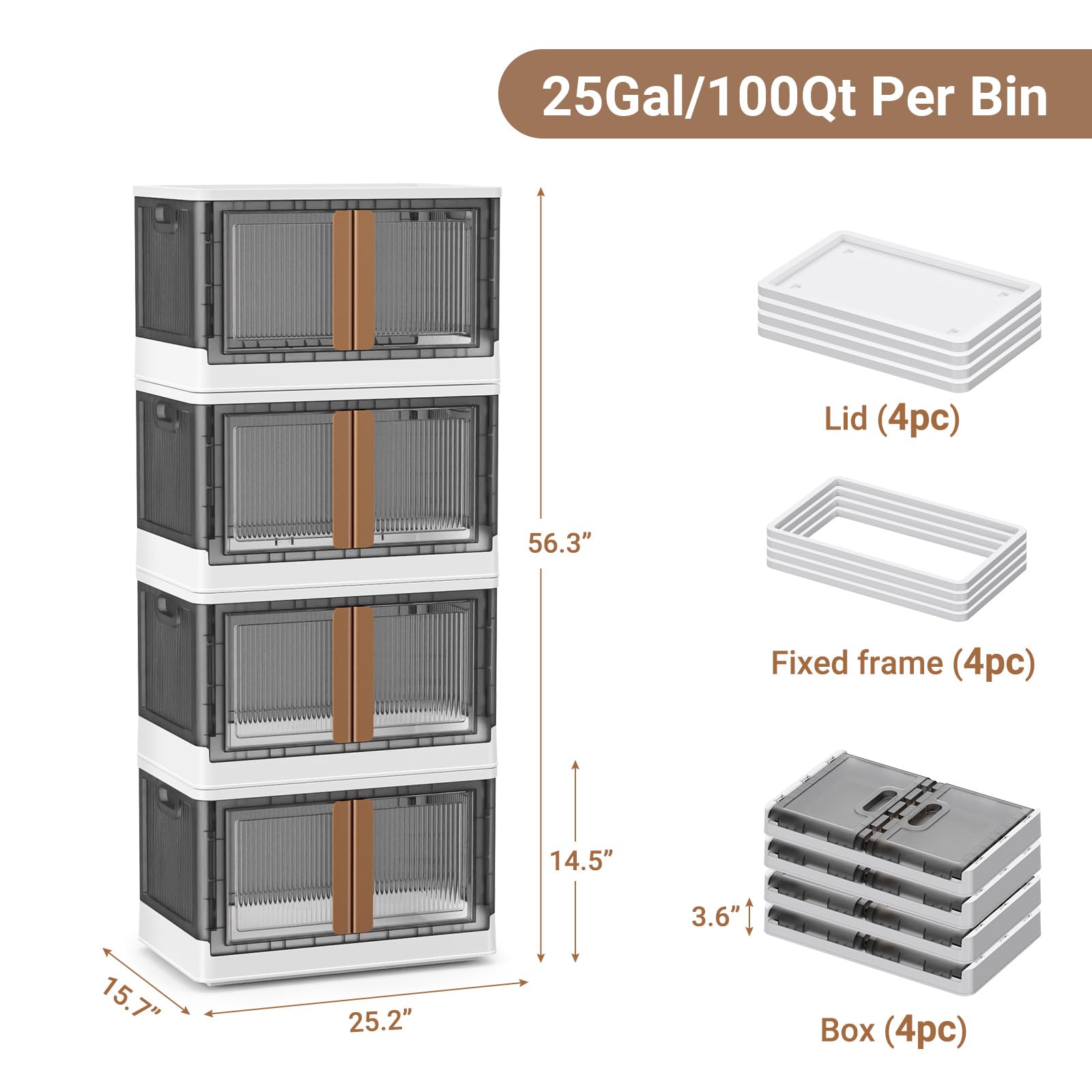 4-Pack 100Qt (25 Gallon) Stackable Plastic Storage Bins with Lids & Wheels - Foldable Closet Organizer, Storage Cabinet with Doors for Home, Dorm, Office, Garage (V6 Brown) - Perfect for Clothes, Toys, Seasonal Items & Household Organization