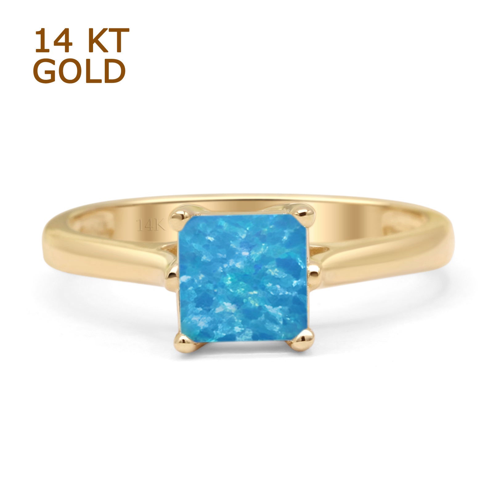 14K Yellow Gold Princess Cut Lab-Created Blue Opal Solitaire Ring for Women - Elegant Engagement, Wedding, Anniversary & Gift Jewelry