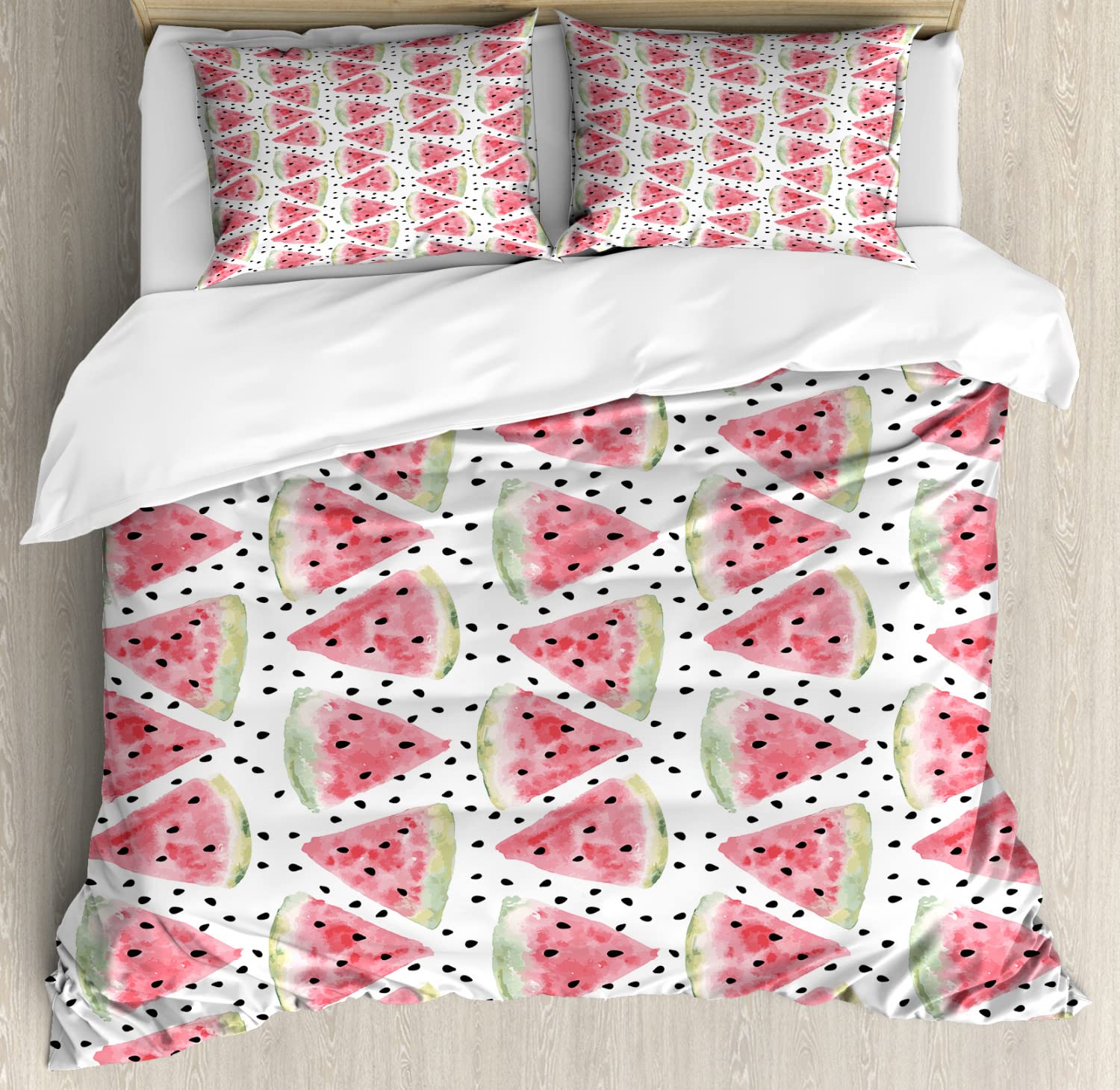 Ambesonne Watercolor Duvet Cover Set - King Size 2-Pack with 2 Duvet Covers & 4 Pillowcases, Juicy Watermelon Tropical Summer Pattern in Coral, Pale Green & Black - Perfect for Beach House, Summer Bedroom Decor & Tropical Themed Guest Rooms