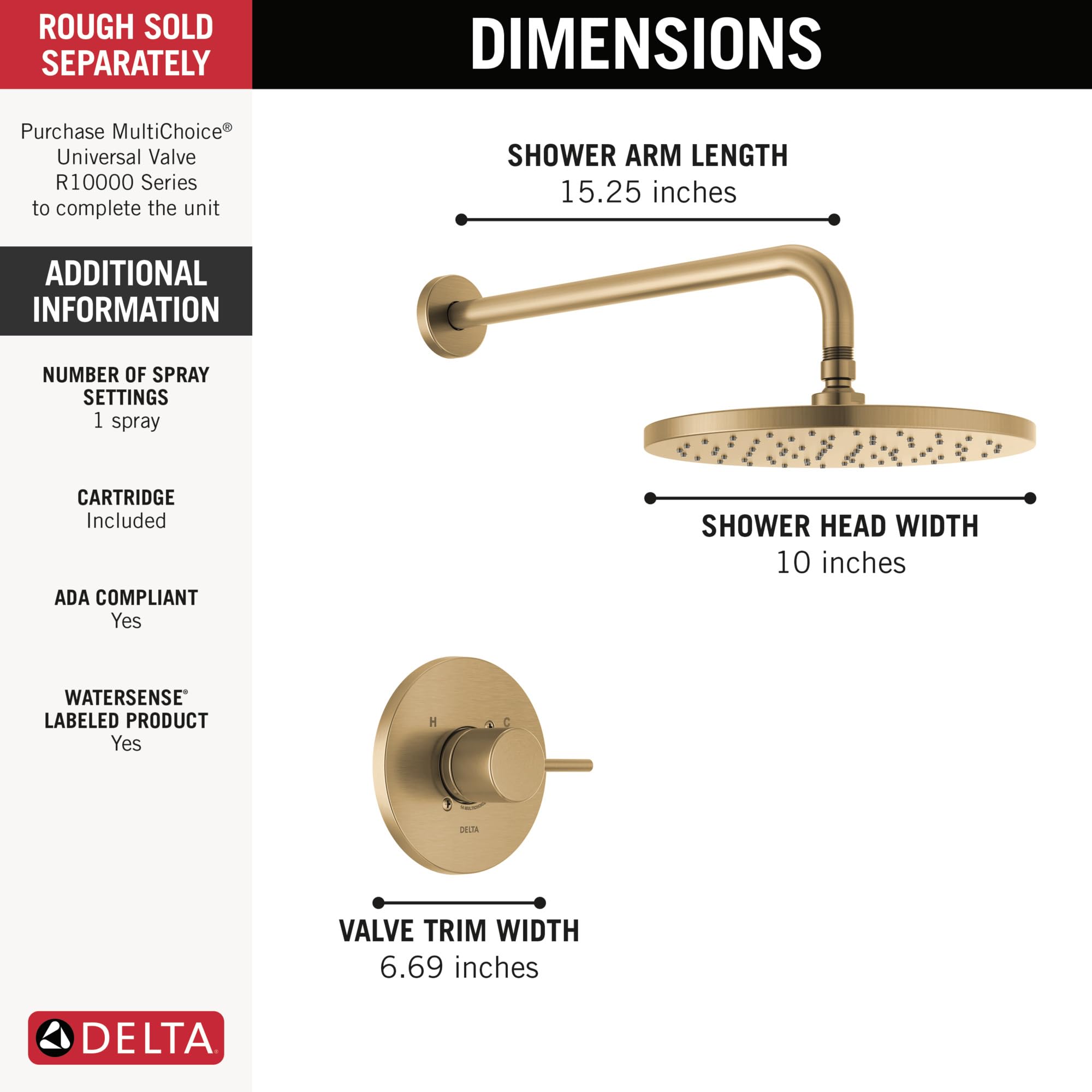 Delta Faucet Modern Raincan Round Single-Function Shower Valve Trim Kit in Gold - Luxury Rainfall Shower Head Set with Champagne Bronze Finish T14269-CZ-PP (Valve Not Included) - Perfect for Spa-Like Bathroom Upgrades and Modern Home Renovations