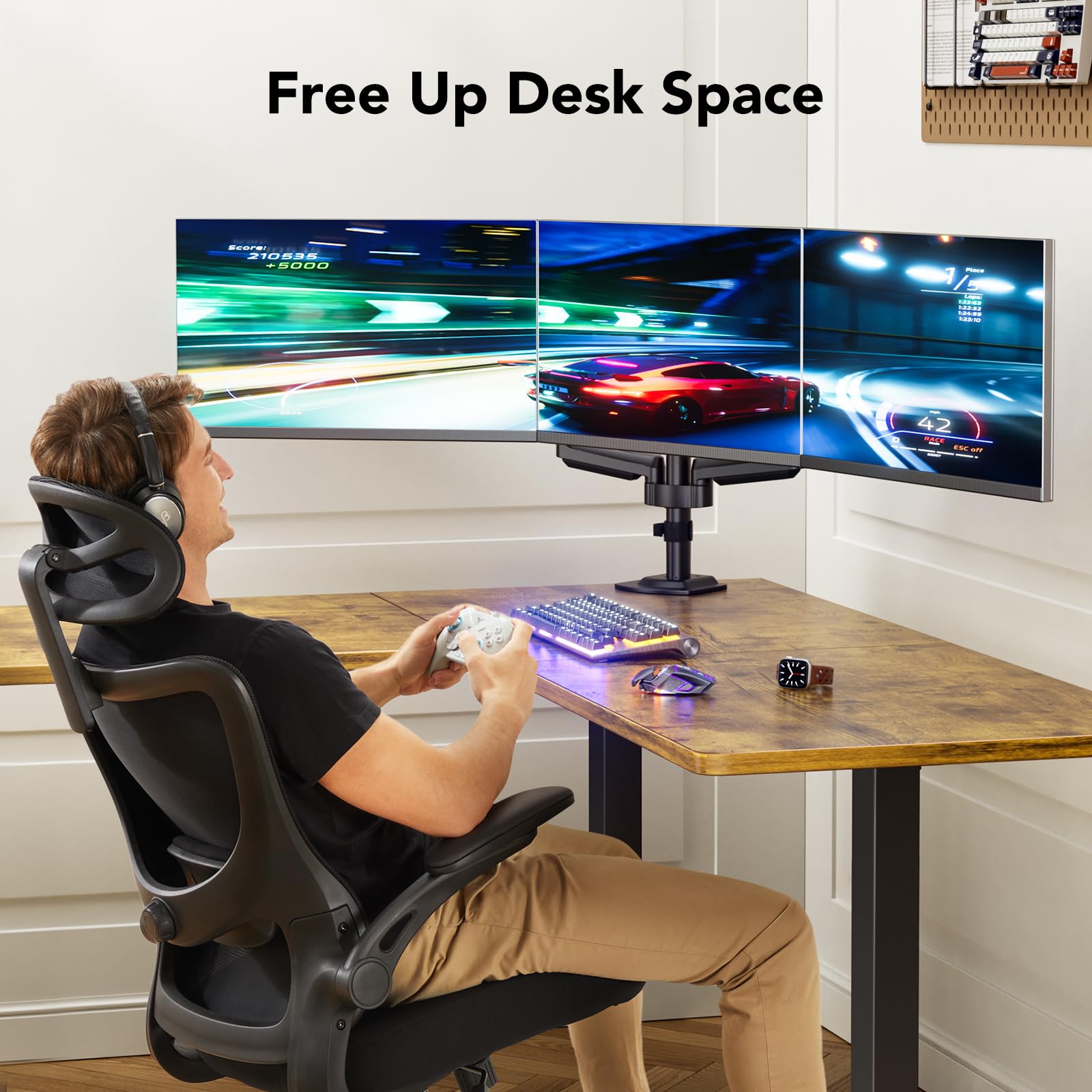 HUANUO Triple Monitor Stand for 13-27 Inch Screens - Adjustable Gas Spring Arm Holds 17.6lbs - Full Motion Tilt, Swivel & Rotation - VESA 75x75/100x100mm - Perfect for Gaming, Office & Home Workstations