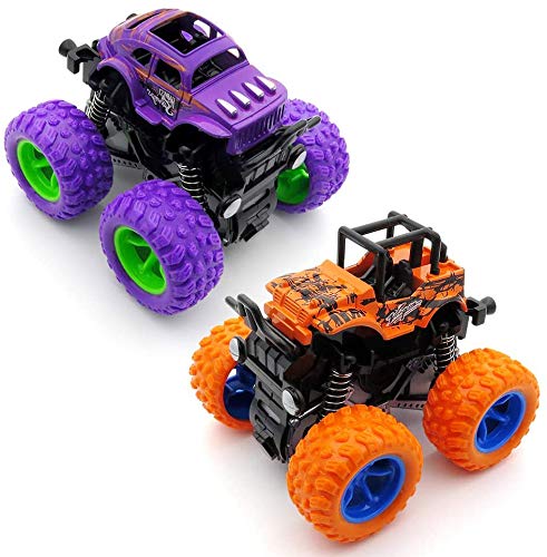 2 Pack Monster Trucks Toys for Kids - Pull Back & Friction Powered Cars, Durable Toddler Toys for Boys & Girls Ages 3-12 (Purple & Orange) - Perfect for Birthday Gifts, Playtime & Racing Fun