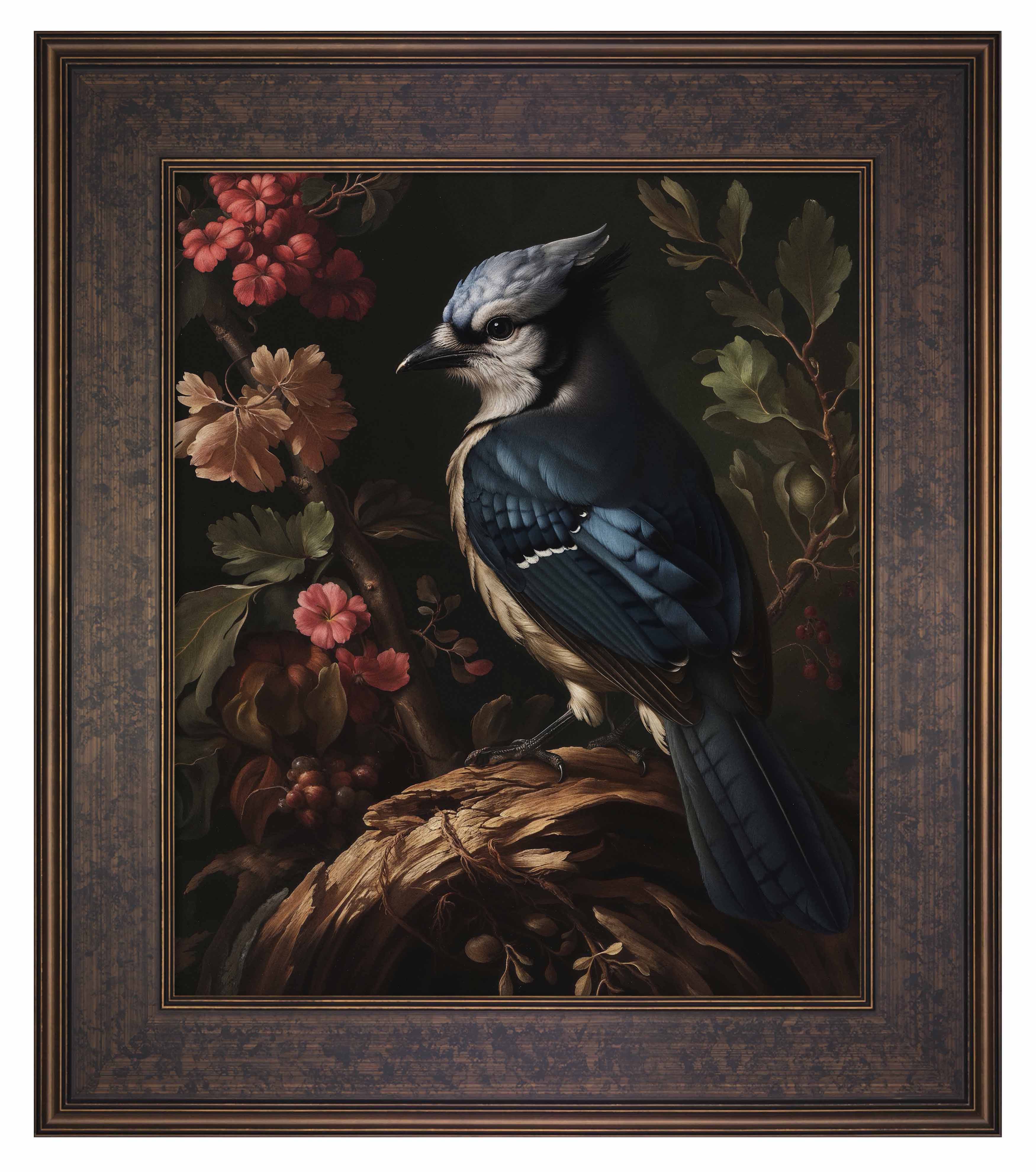 Blue Jay Among Flowers - Limited Edition Elegant Canvas Wall Art for Home & Office Decor | Nature-Inspired Painting for Living Room, Bedroom, or Gift