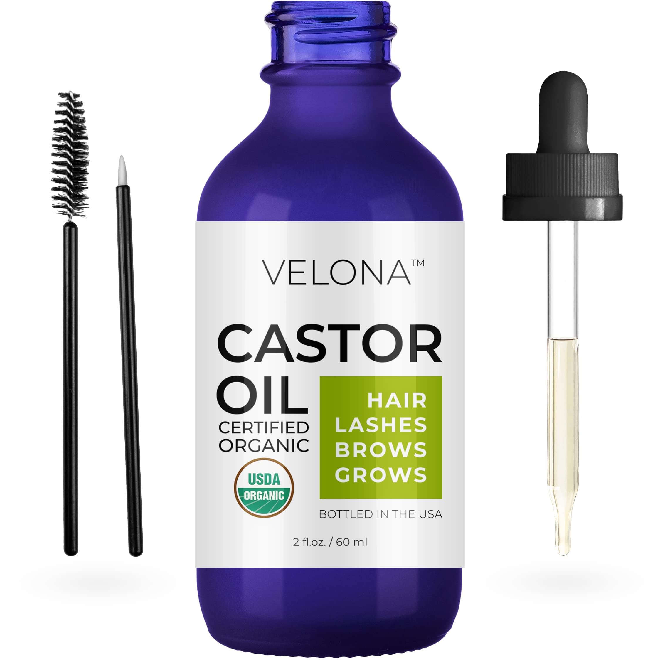 Organic Castor Oil for Eyelashes & Hair Growth - USDA Certified, Cold Pressed, Hexane Free - 2 fl oz Lash & Brow Serum for Thicker Lashes & Healthy Hair - Perfect for Nighttime Lash Care & Natural Beauty Routines