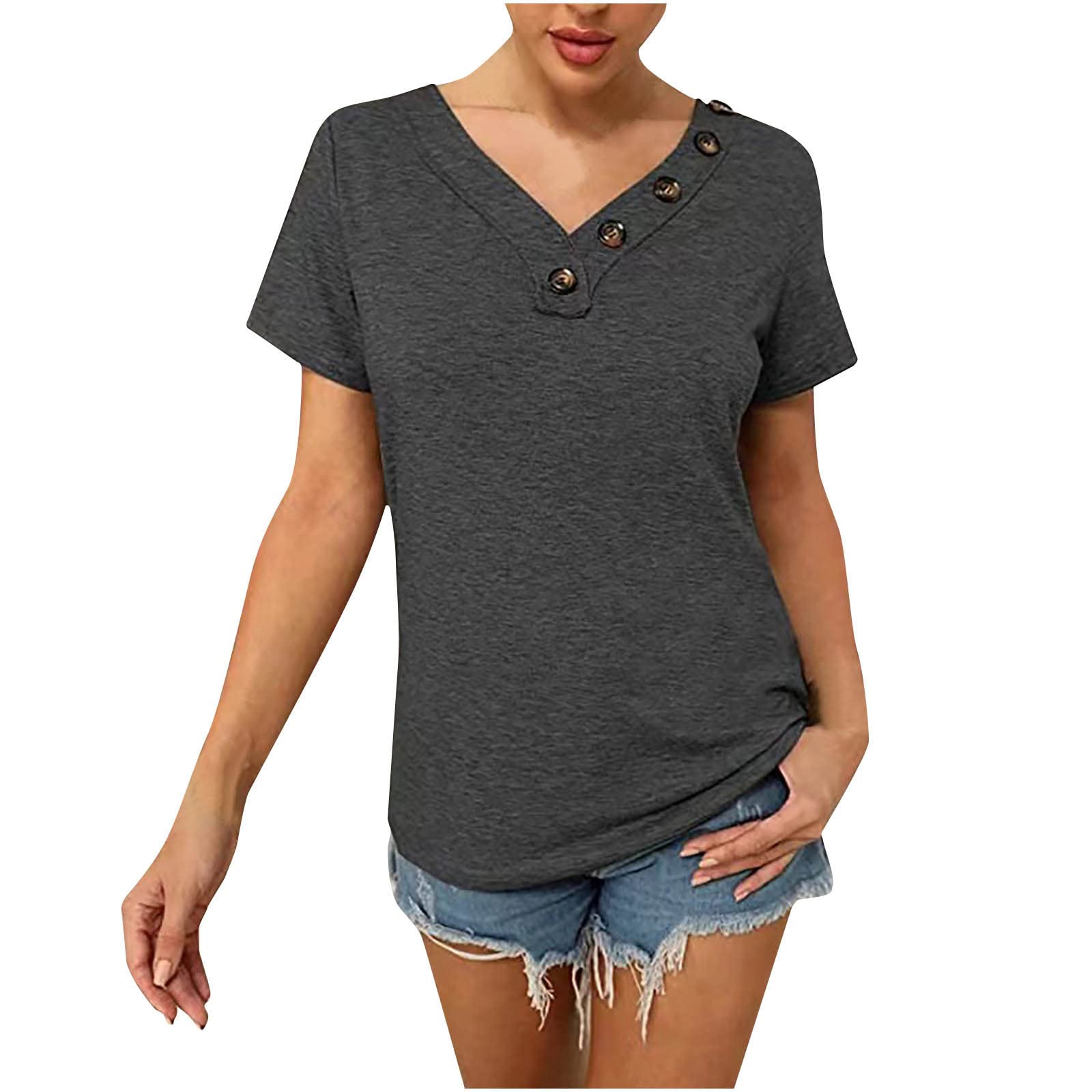 Women's Short Sleeve V-Neck Button Down Blouse - Loose Fit Casual Tunic Top for Spring & Summer | Plain Fashion Tee for Work, Weekend & Outings