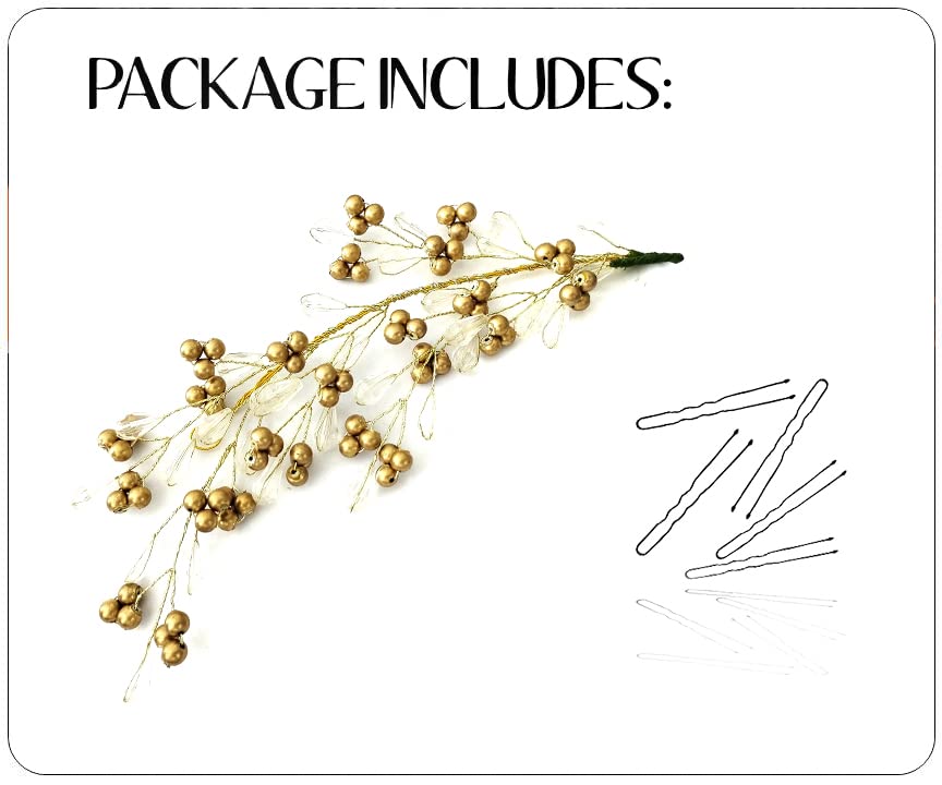 Golden Pearl & White Bead Hair Pin with Feather Leaf Design - Elegant Bridal Hair Vine & Side Jewelry Accessory for Weddings, Prom, Parties & Special Occasions