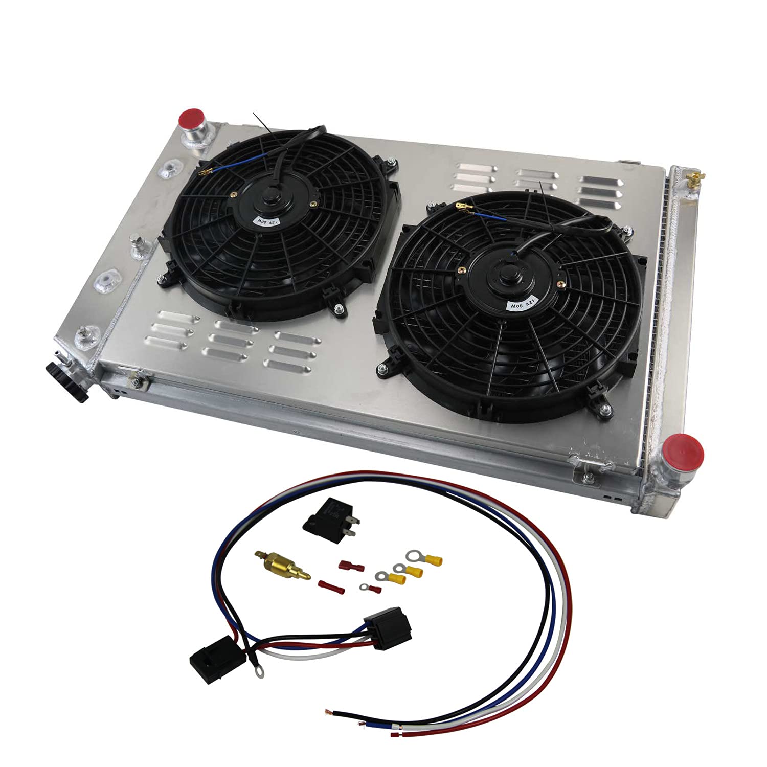 4 Row Aluminum Radiator Fan Shroud with Relay Kit for 1975-1979 Chevy Nova & 1970-1981 Camaro - High Performance Cooling System Upgrade for Classic Muscle Cars