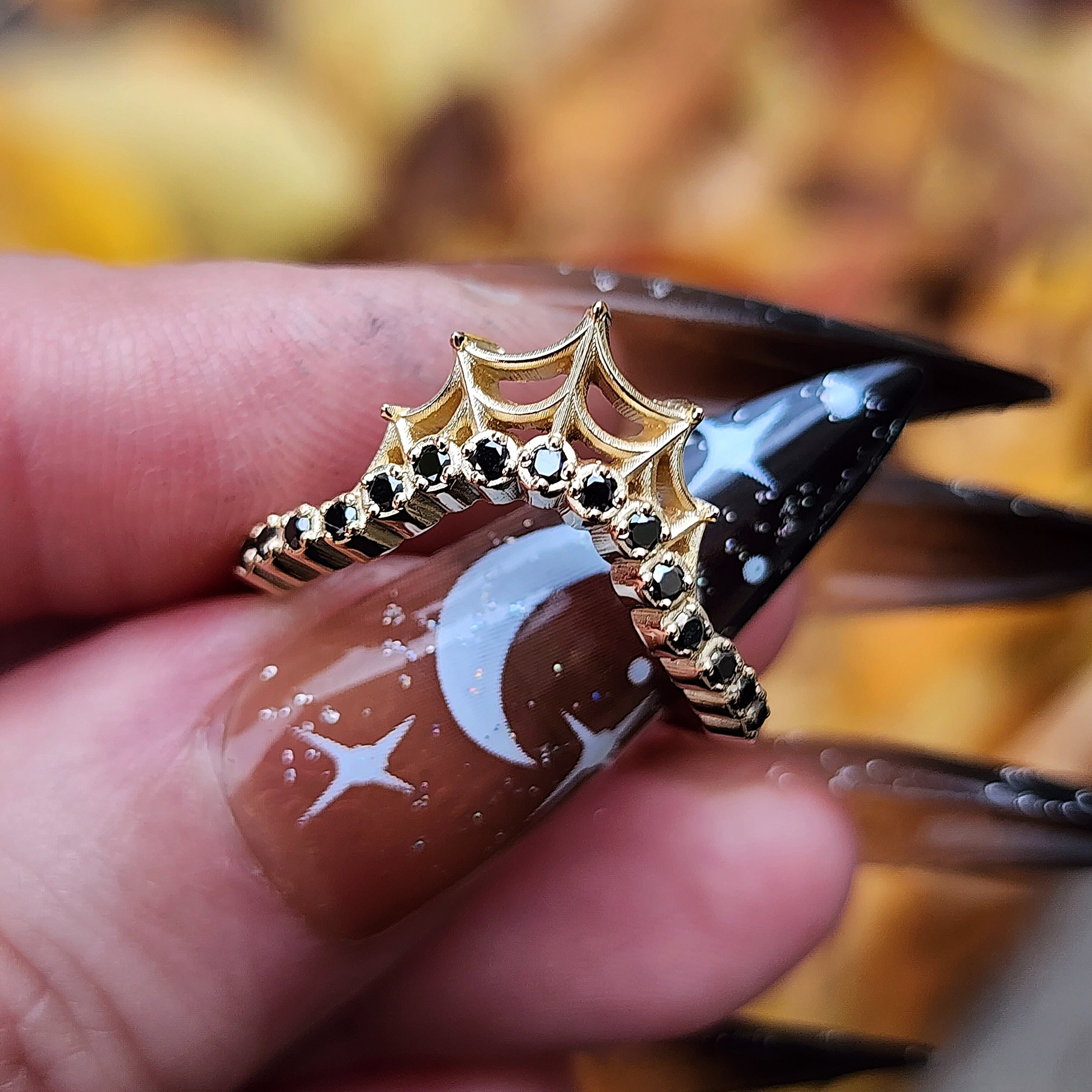 14k Gold Spider Web Stacking Ring - Cob Web Wedding Band with Black or White Diamonds | Gothic Fine Jewelry for Women | Perfect for Halloween, Gothic Weddings & Alternative Fashion