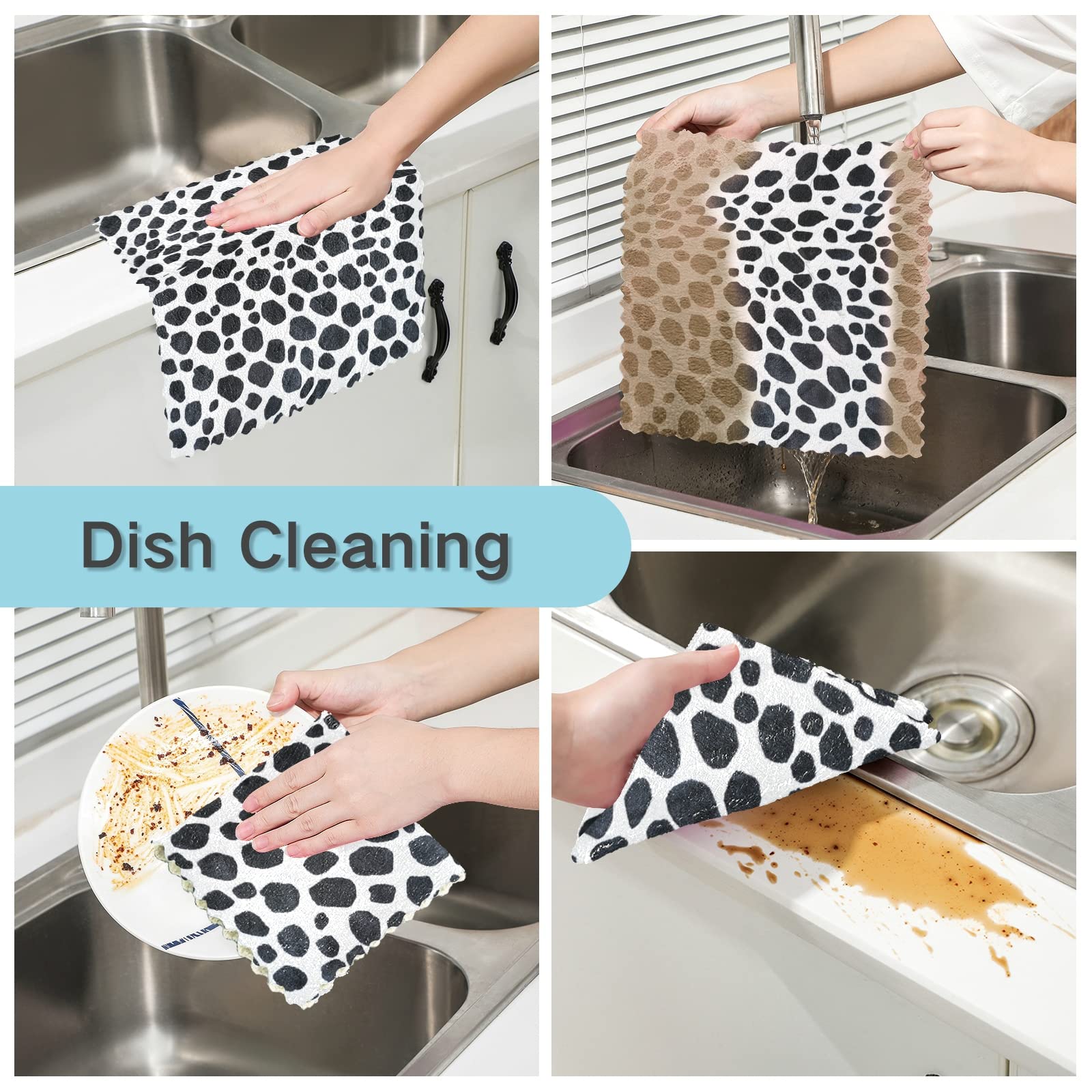 DOMIKING 6-Piece Reusable Absorbent Dish Cloths Set - Dalmatian Spots Design Kitchen Towels for Dishes, Hands & Windows | Eco-Friendly Cleaning Cloths for Kitchen, Bathroom & Household Chores