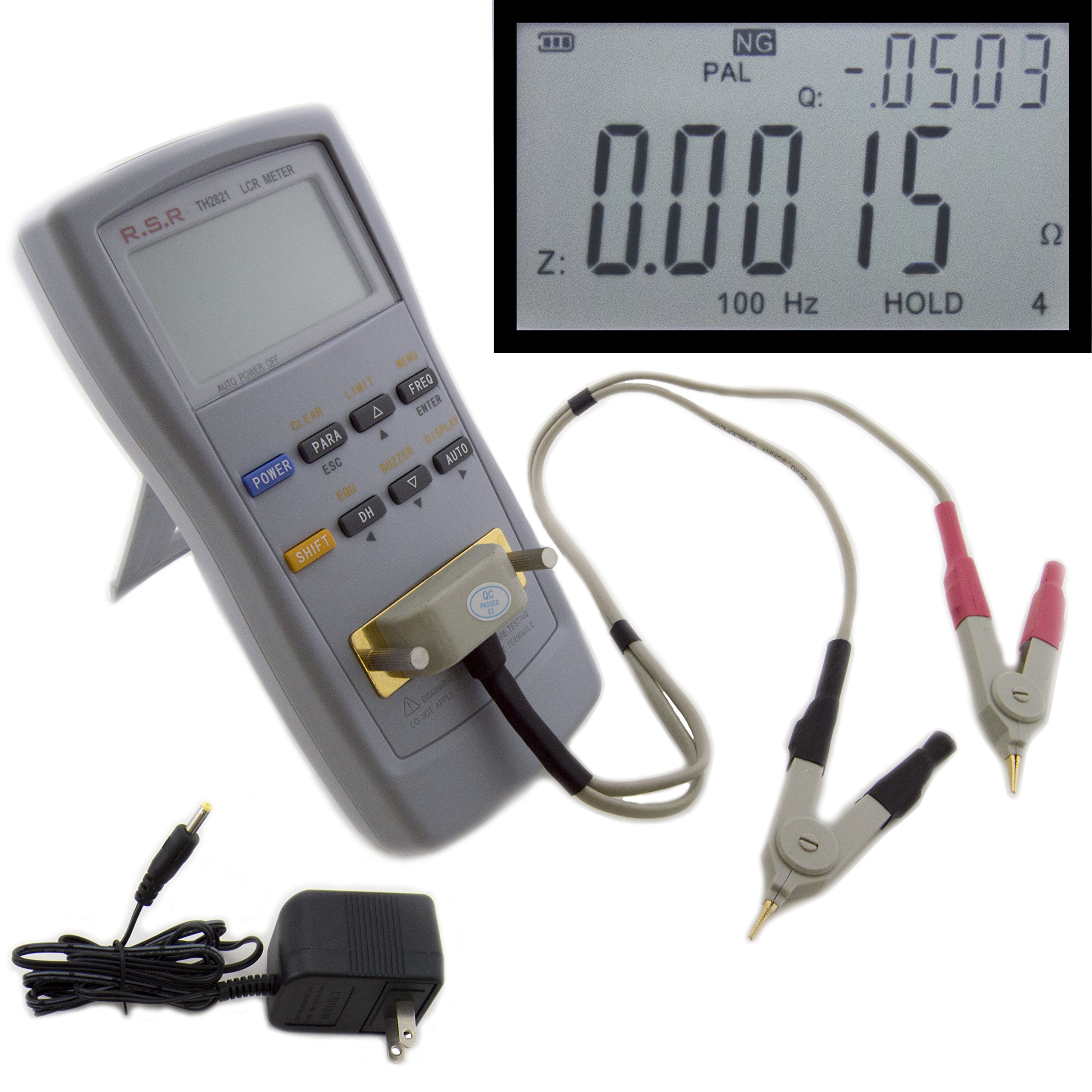 RSR Electronics Digital LCR Meter with 100Hz/120Hz/1KHz Test Frequencies - Measures L/Q, C/D, R/Q, Z/Q Parameters - Includes Kelvin Test Clips & DC Adapter - Ideal for Electronics Testing, Circuit Analysis and Component Measurement